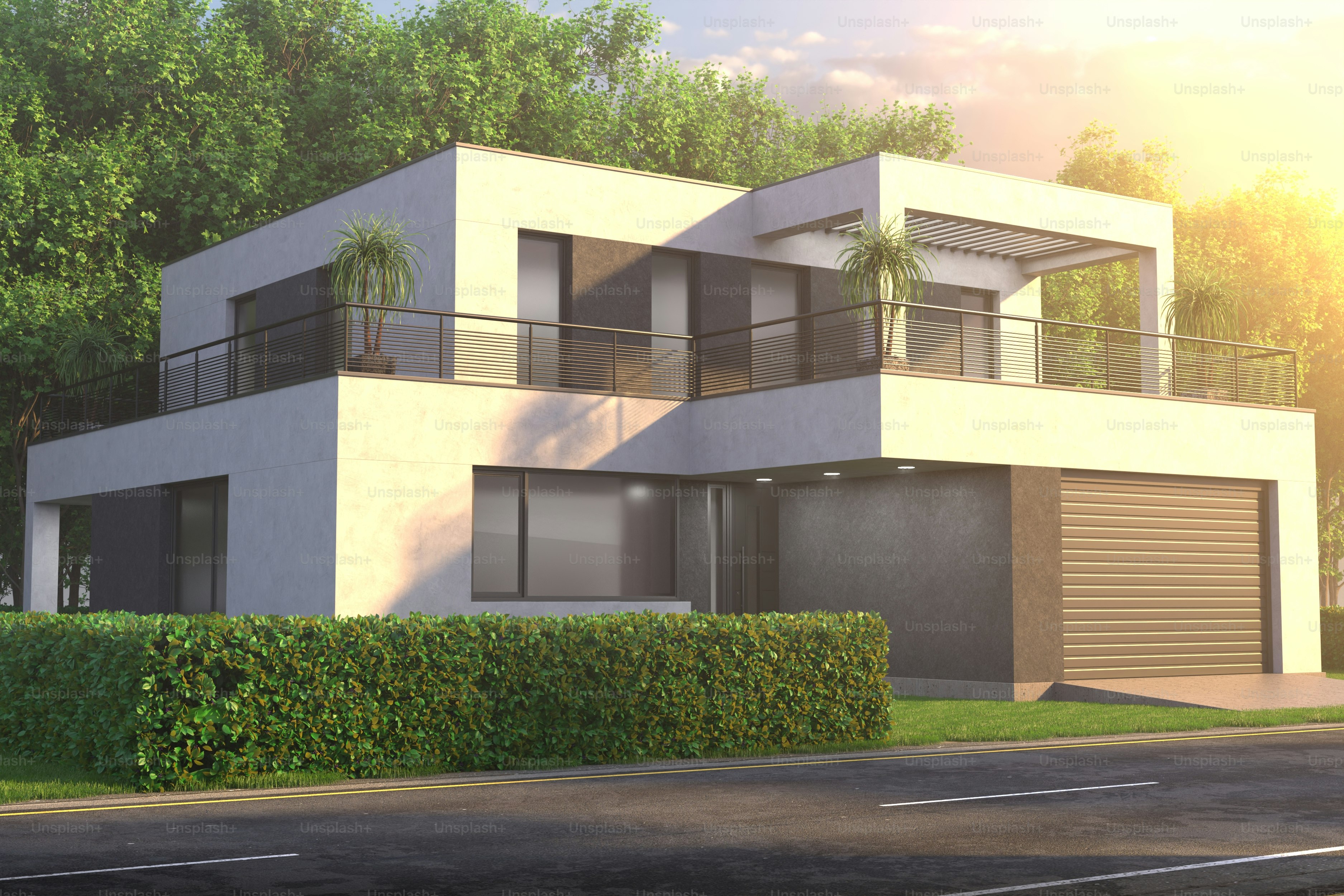 Una casa moderna se encuentra cerca de una carretera.