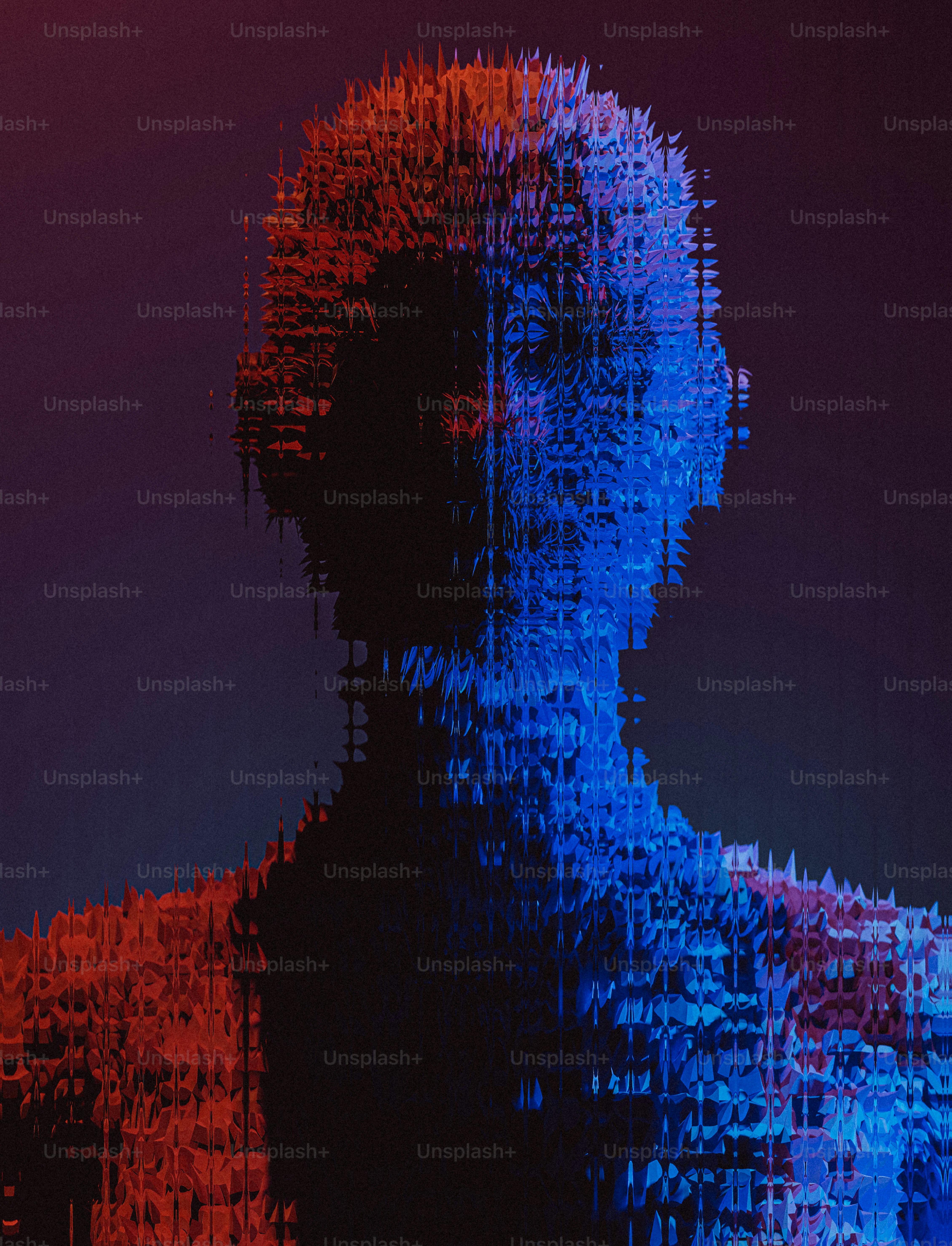 A digital humanoid silhouette glows with red and blue light.