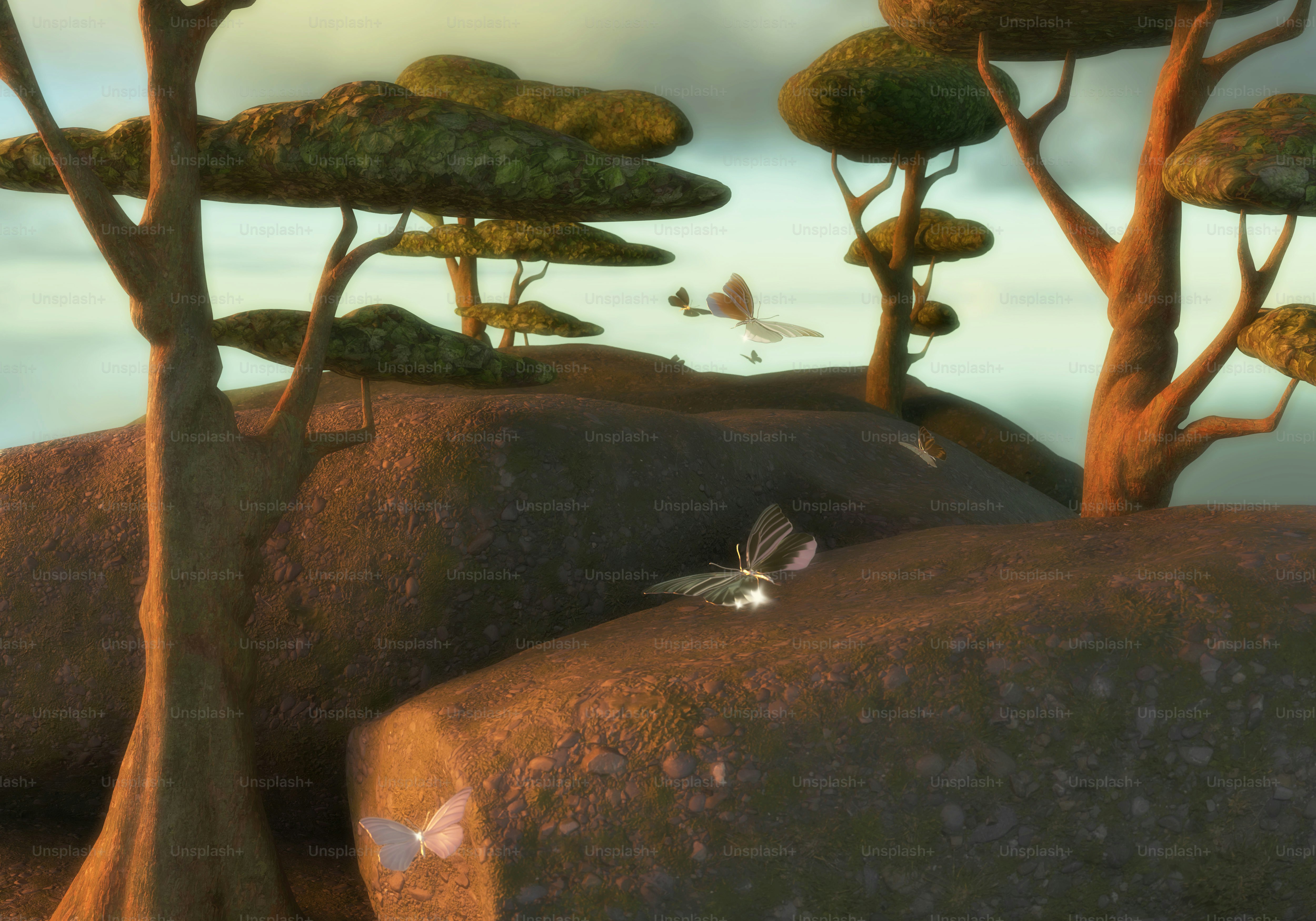 Birds fly above rocks and trees.