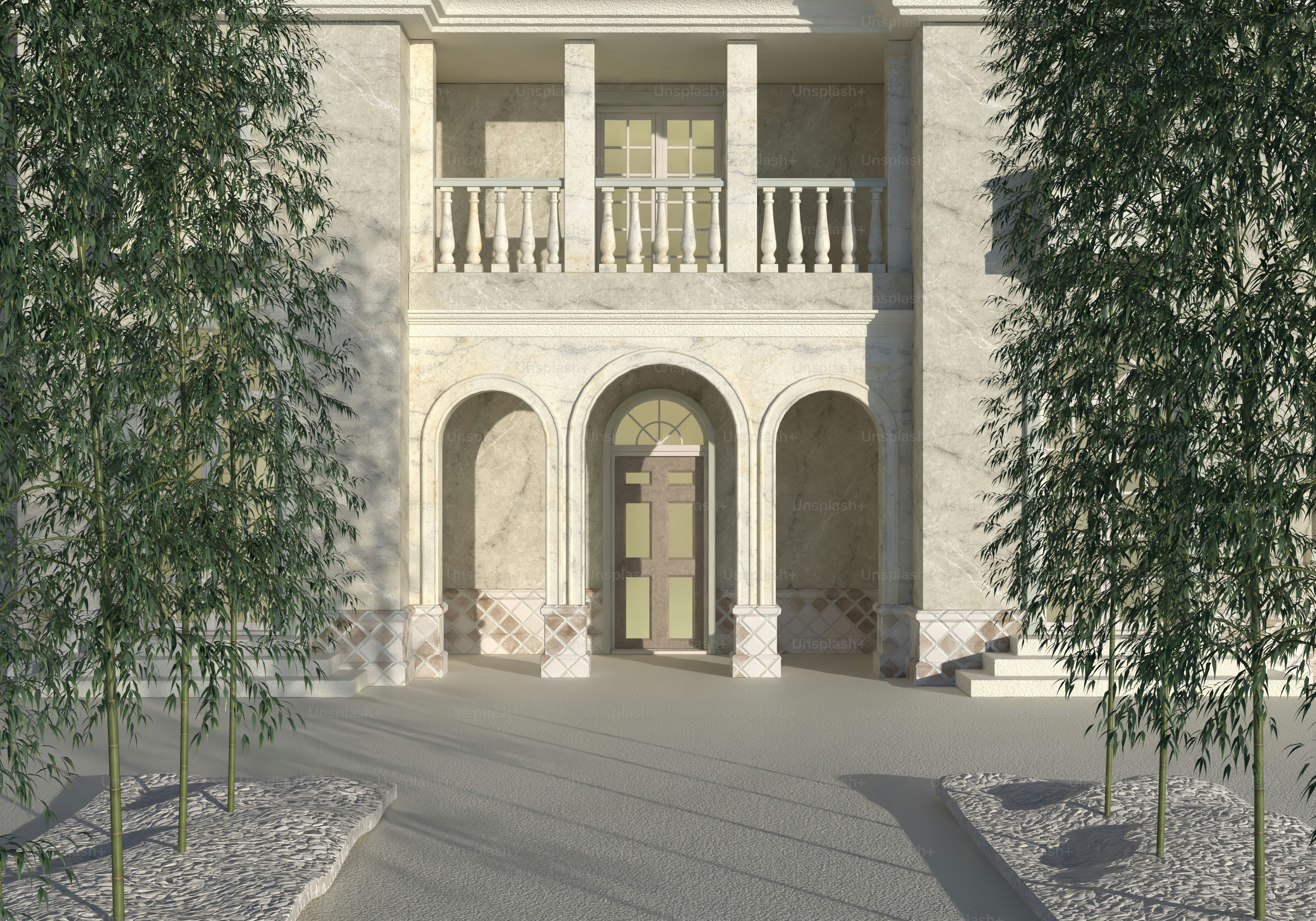 Elegant building with arched entryway and balcony.