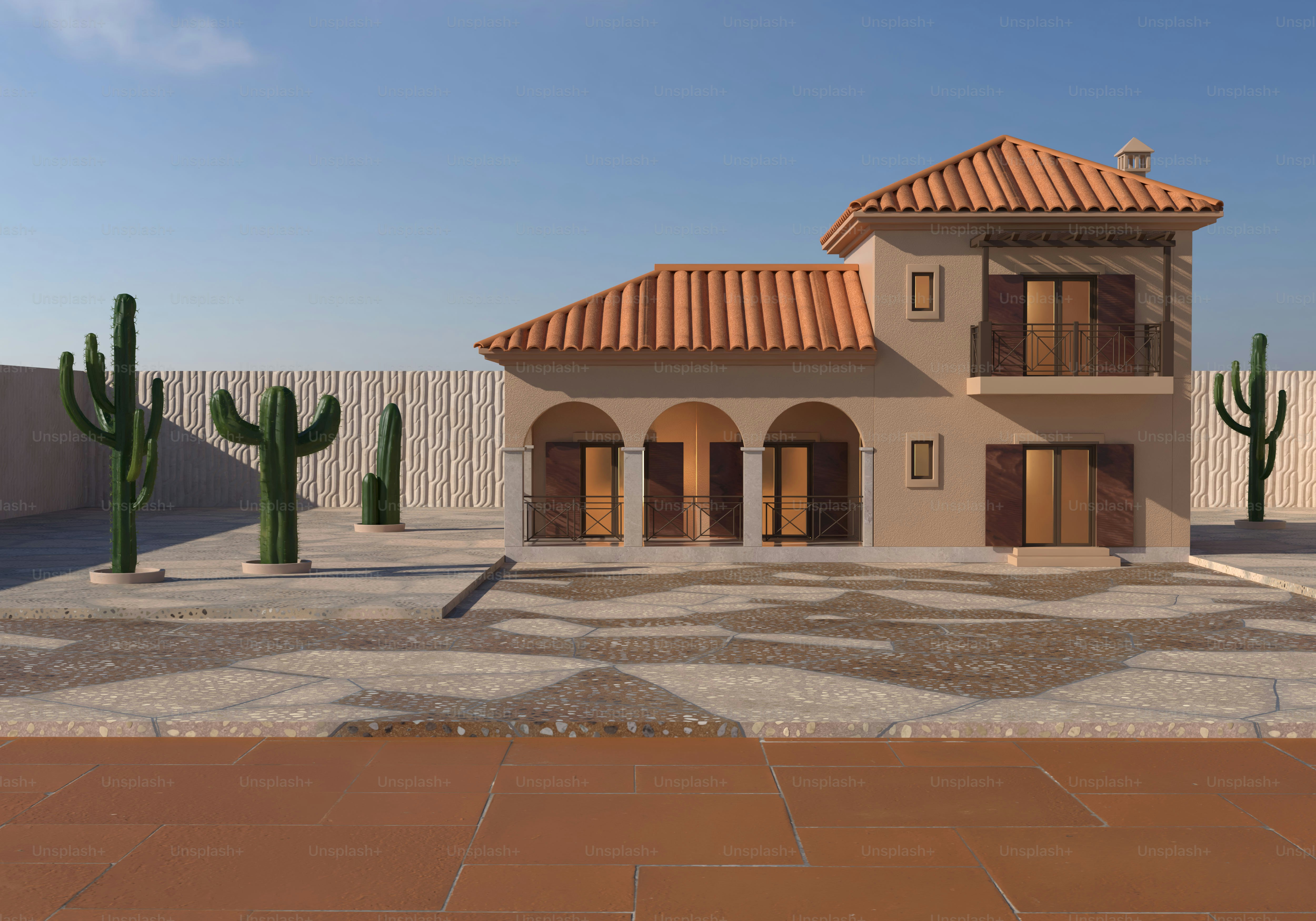 A desert house sits under a bright blue sky.