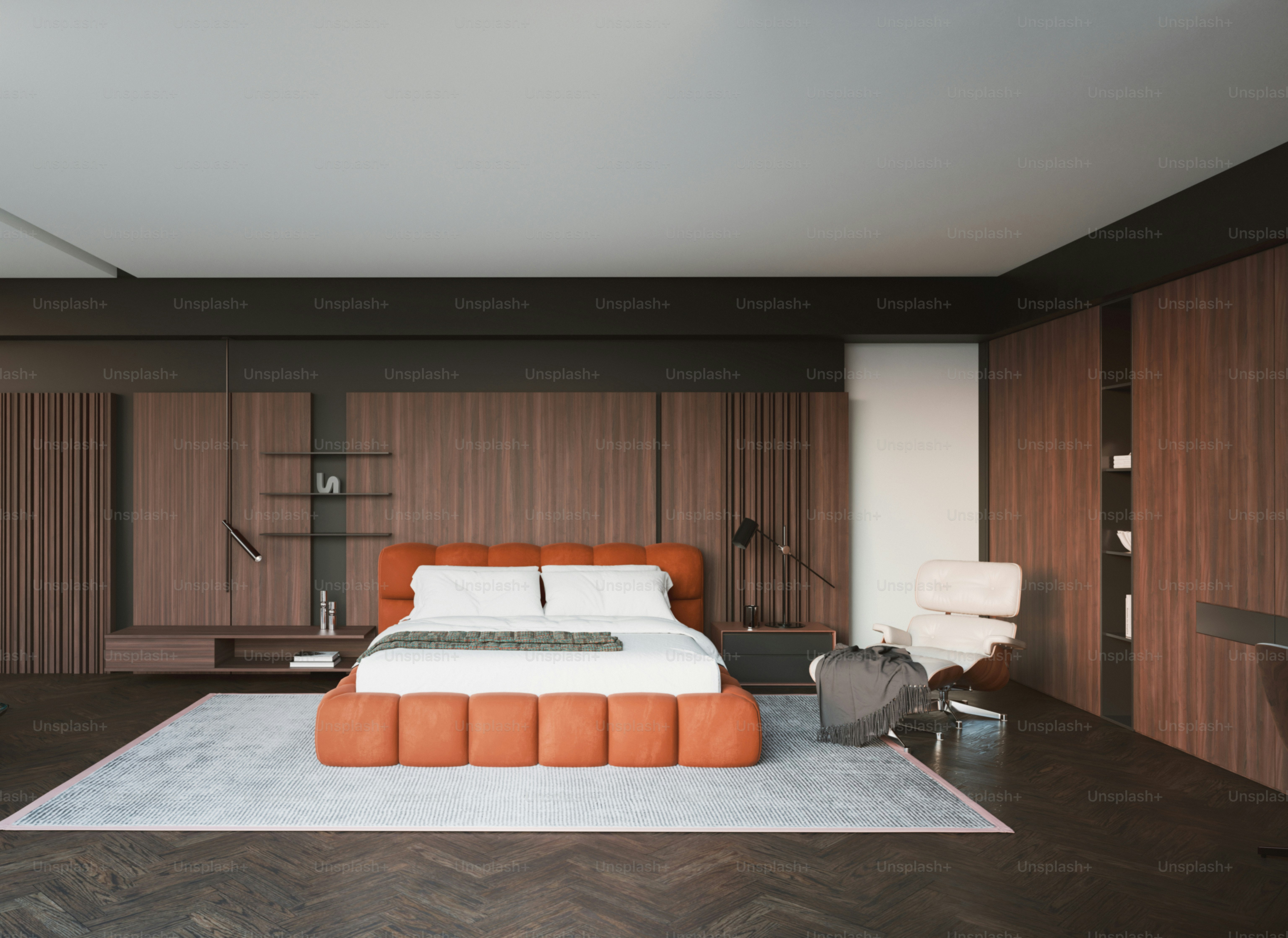 A modern bedroom features stylish furniture.