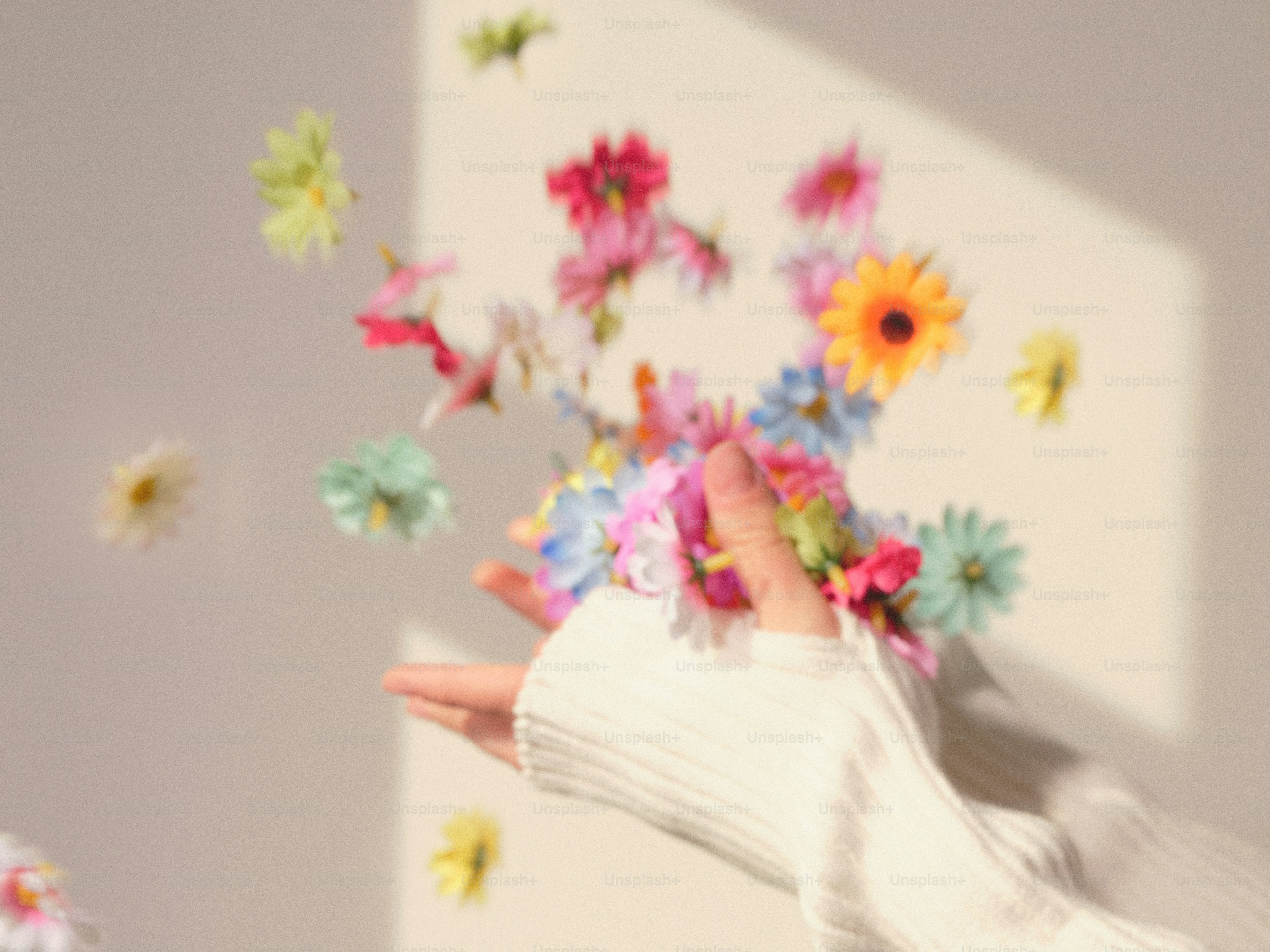I fiori vengono lanciati in aria da una mano.