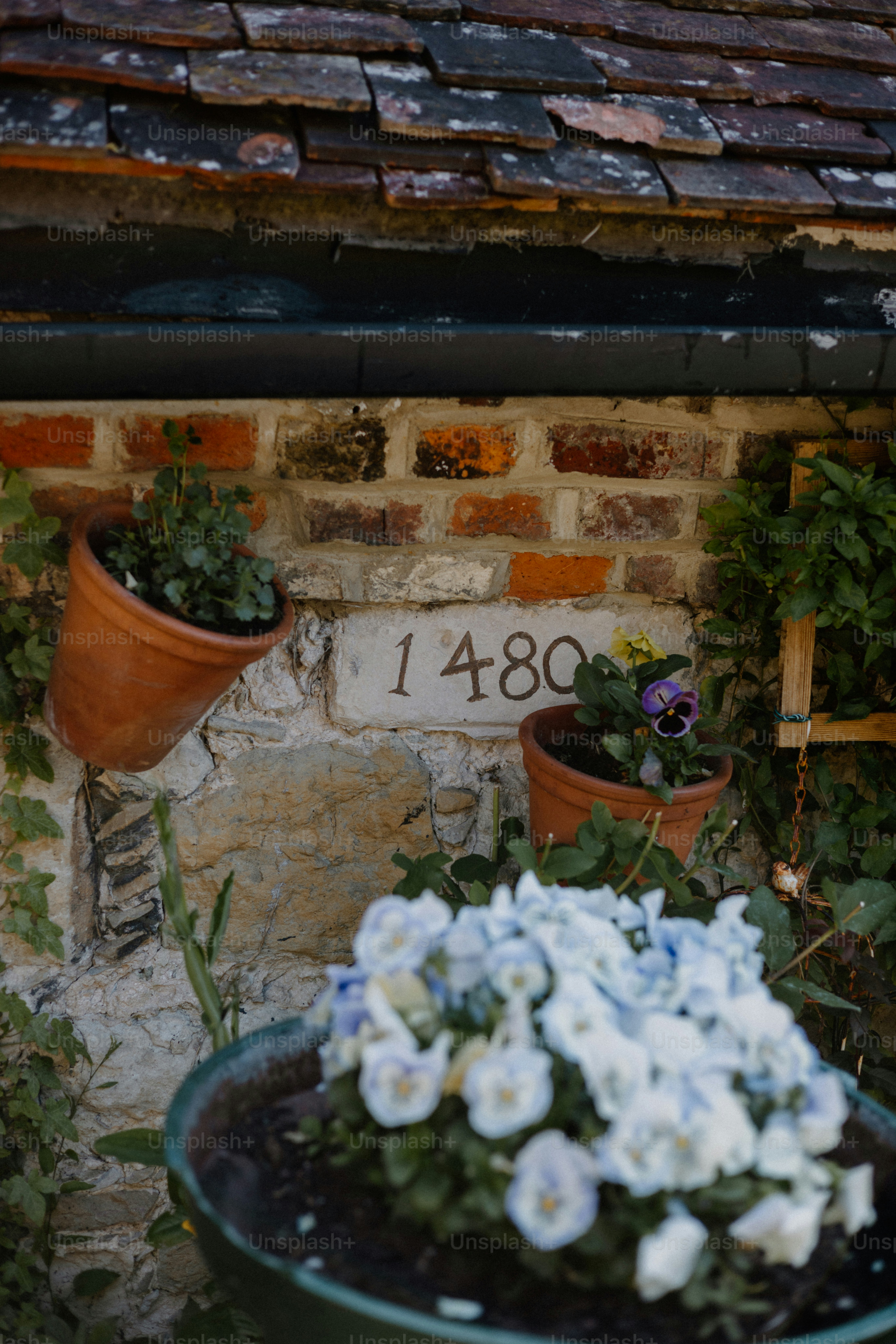 Uma parede de tijolos com vasos de plantas e o número 1480