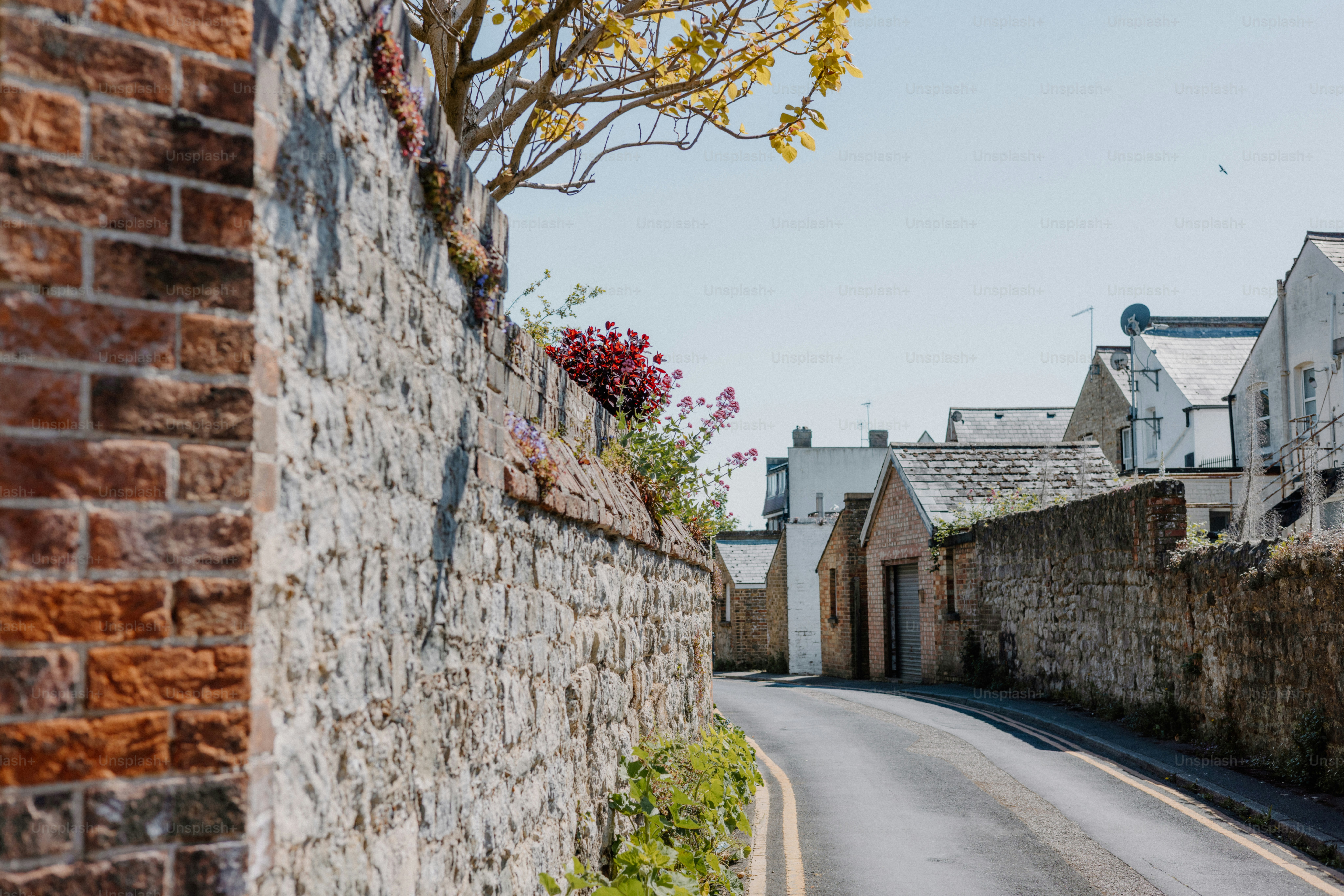 A narrow street winds past stone walls.