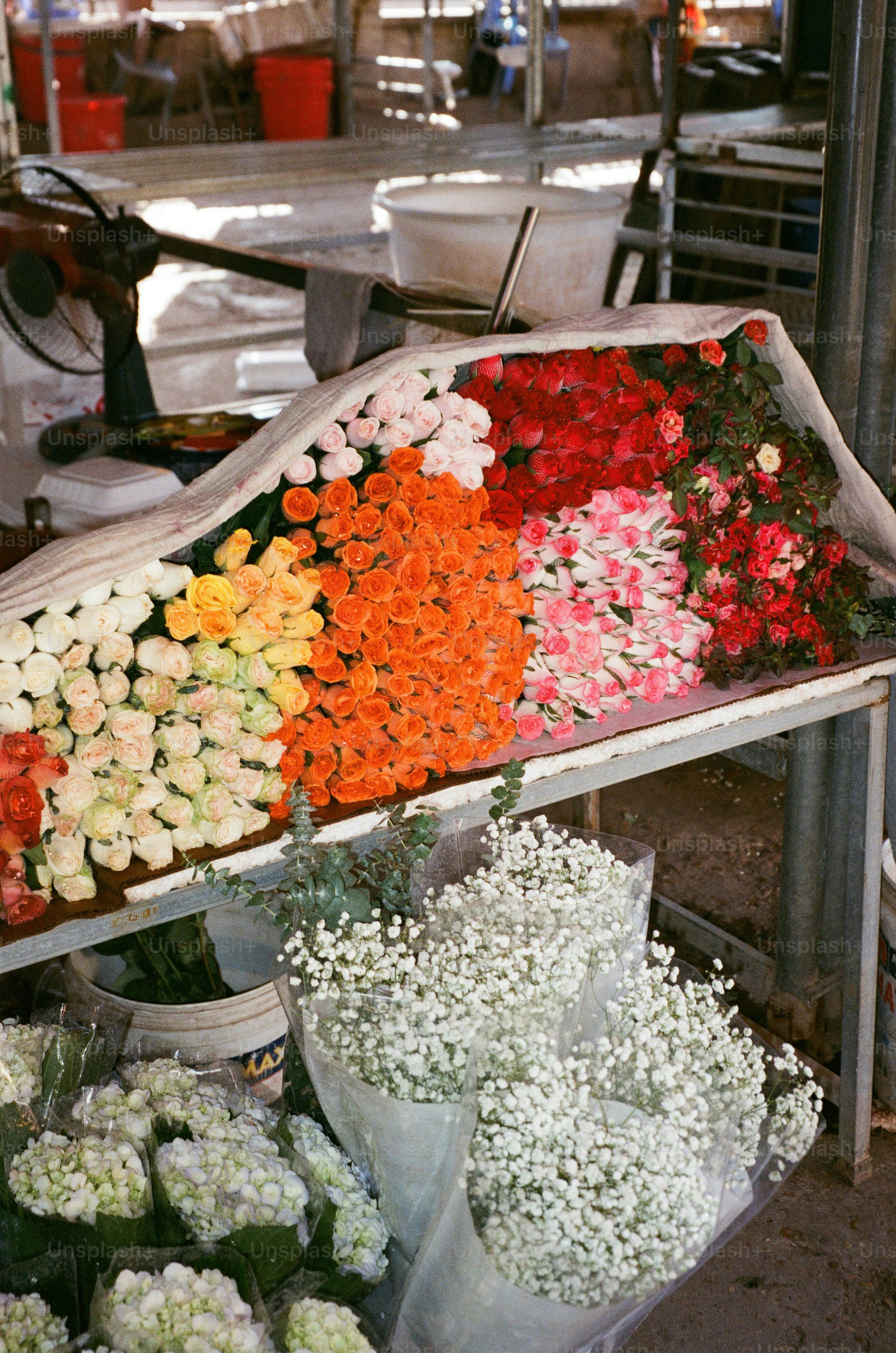 Flowers are displayed at a colorful market stall.