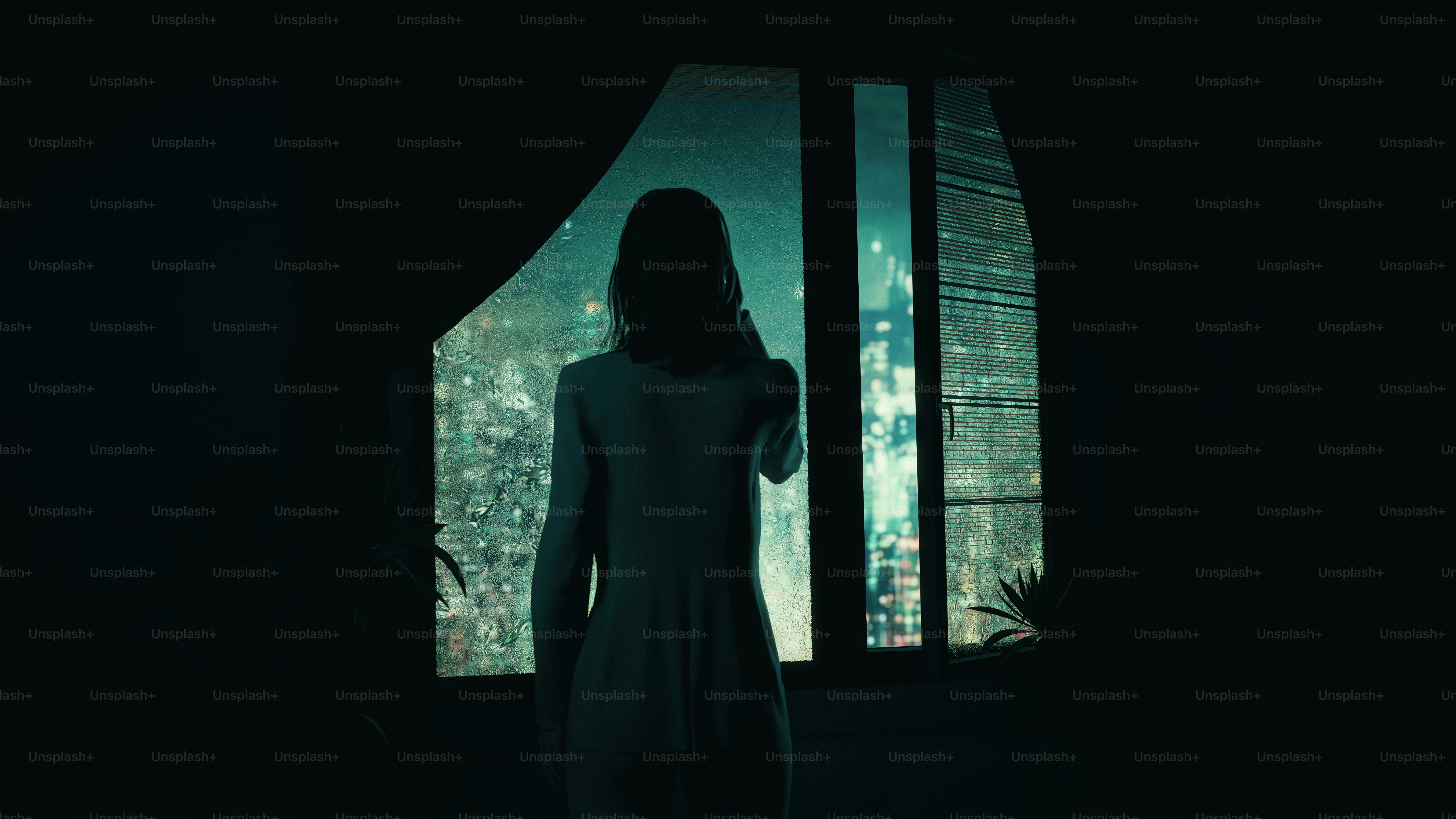 A woman looks out at a city skyline.