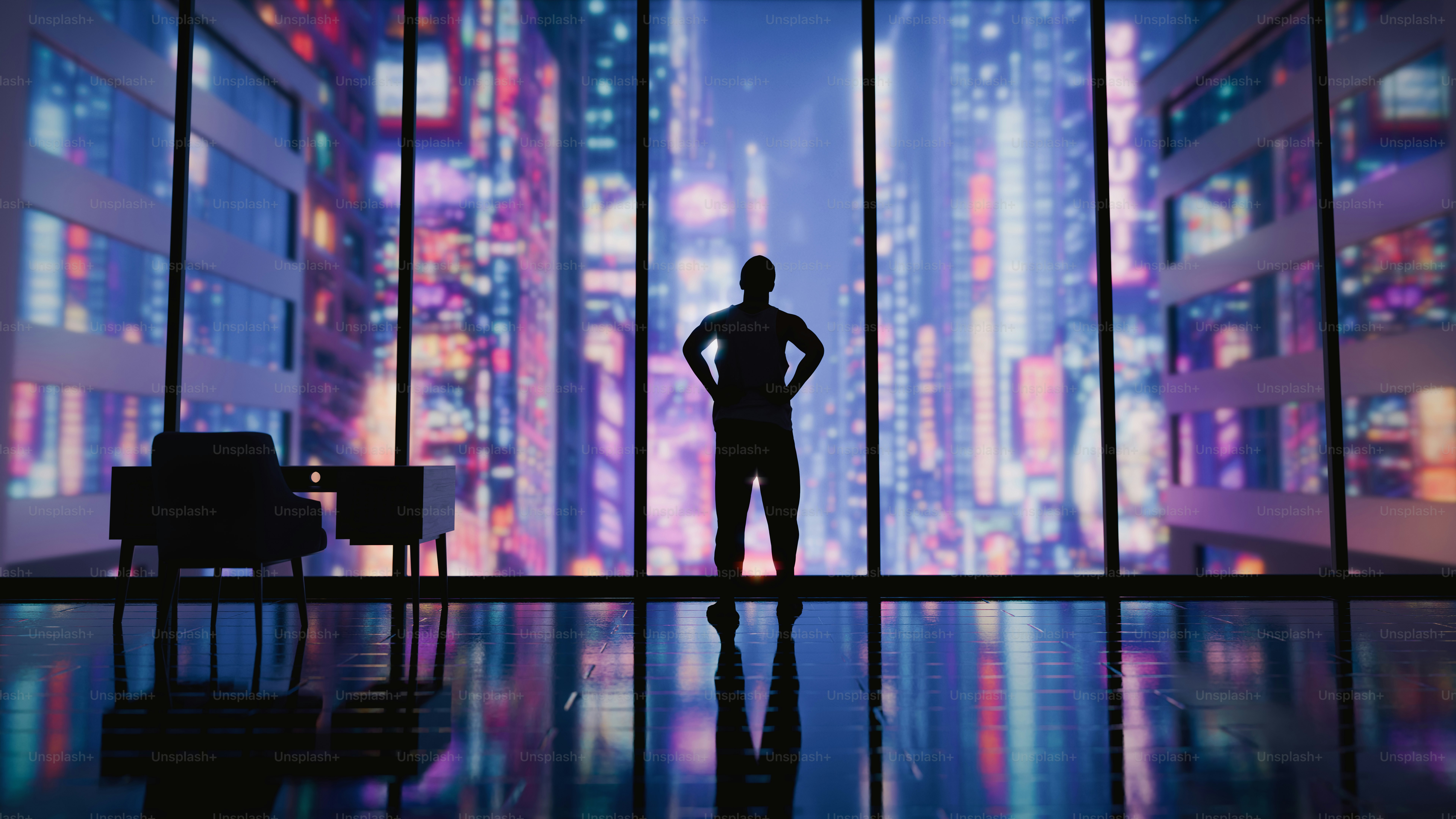 Man stands before a futuristic city view.