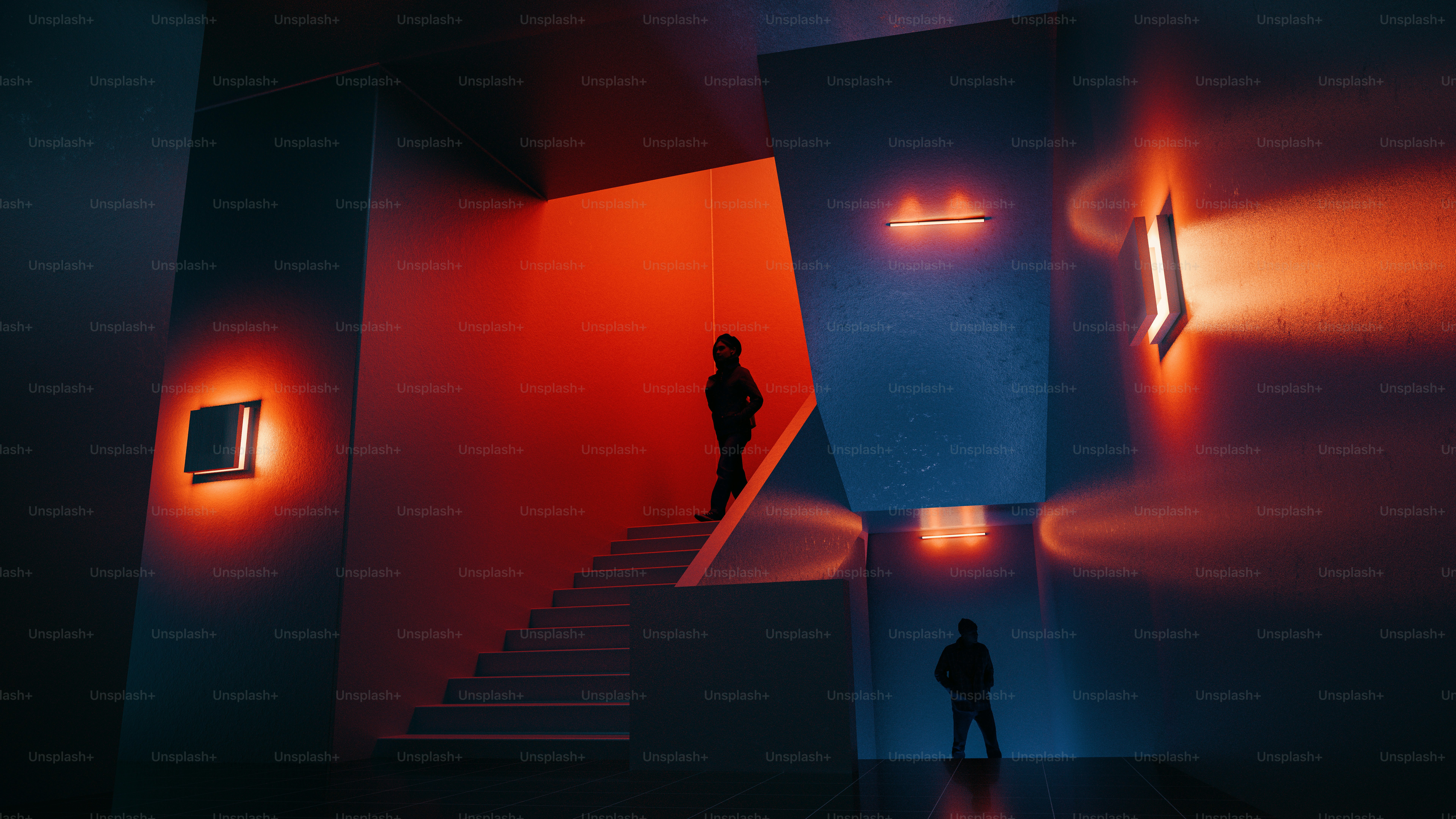 Red and blue neon lighting illuminates a staircase.