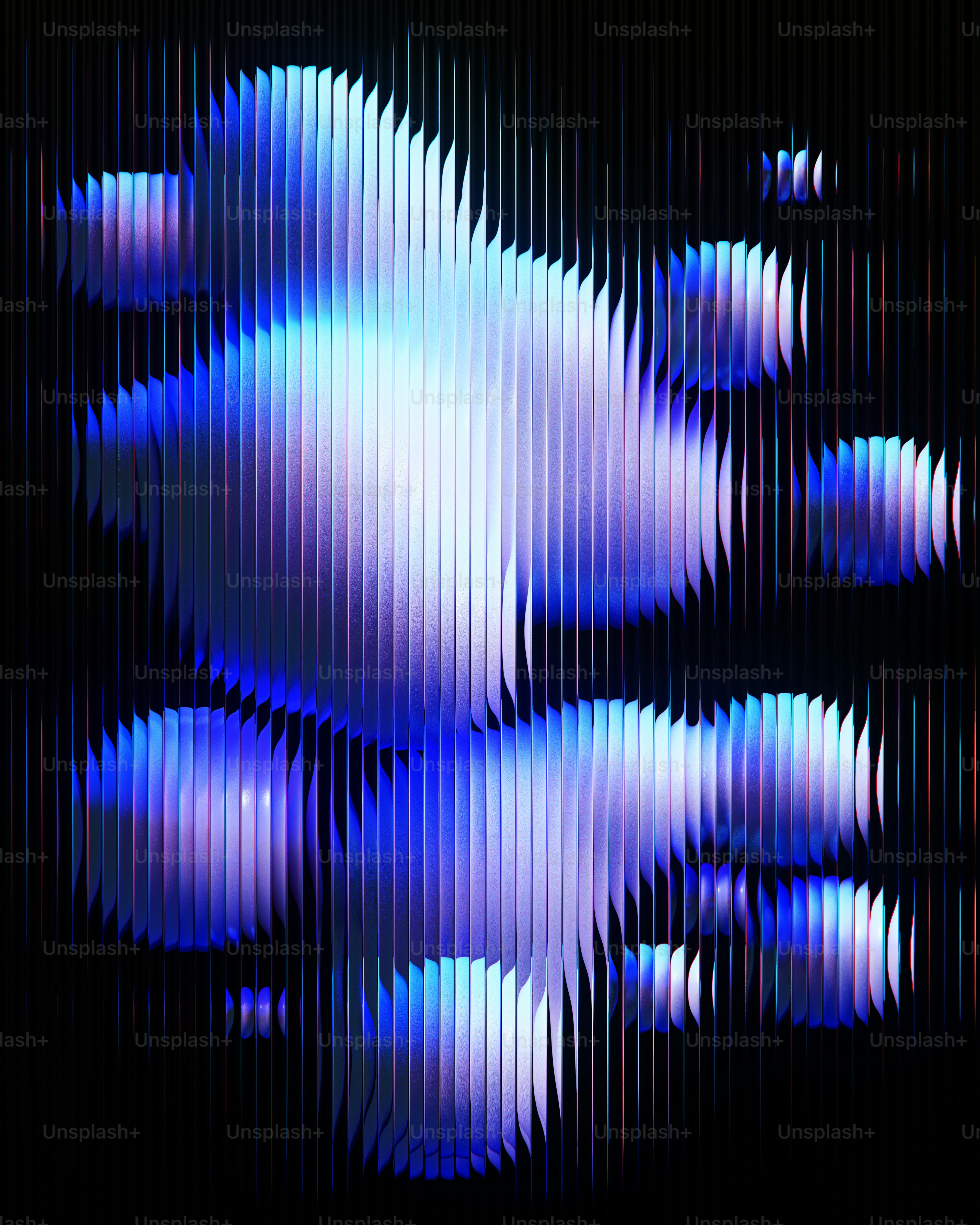 Formas abstratas e azuis flutuam contra um fundo escuro.