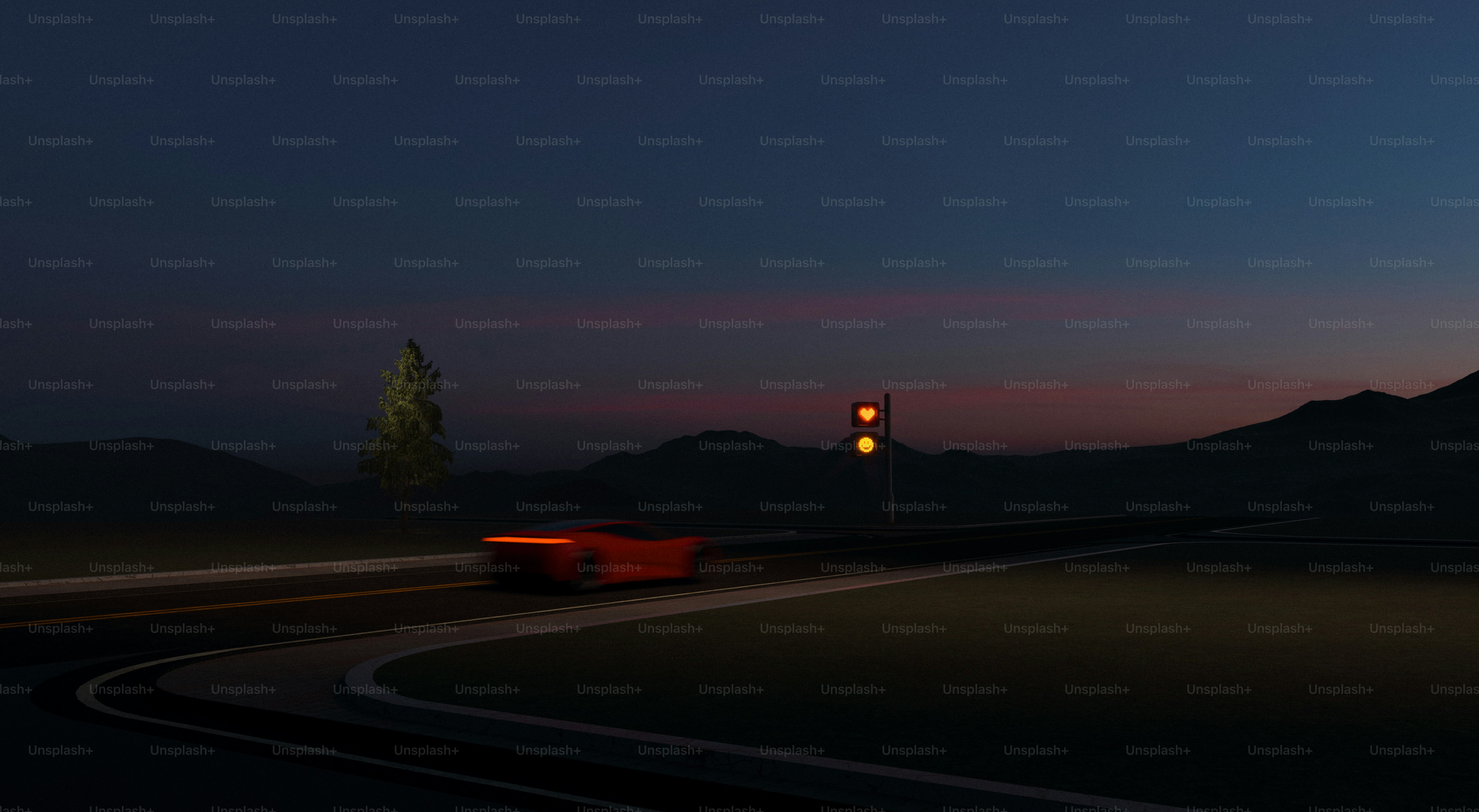 A car drives down a road at dusk.