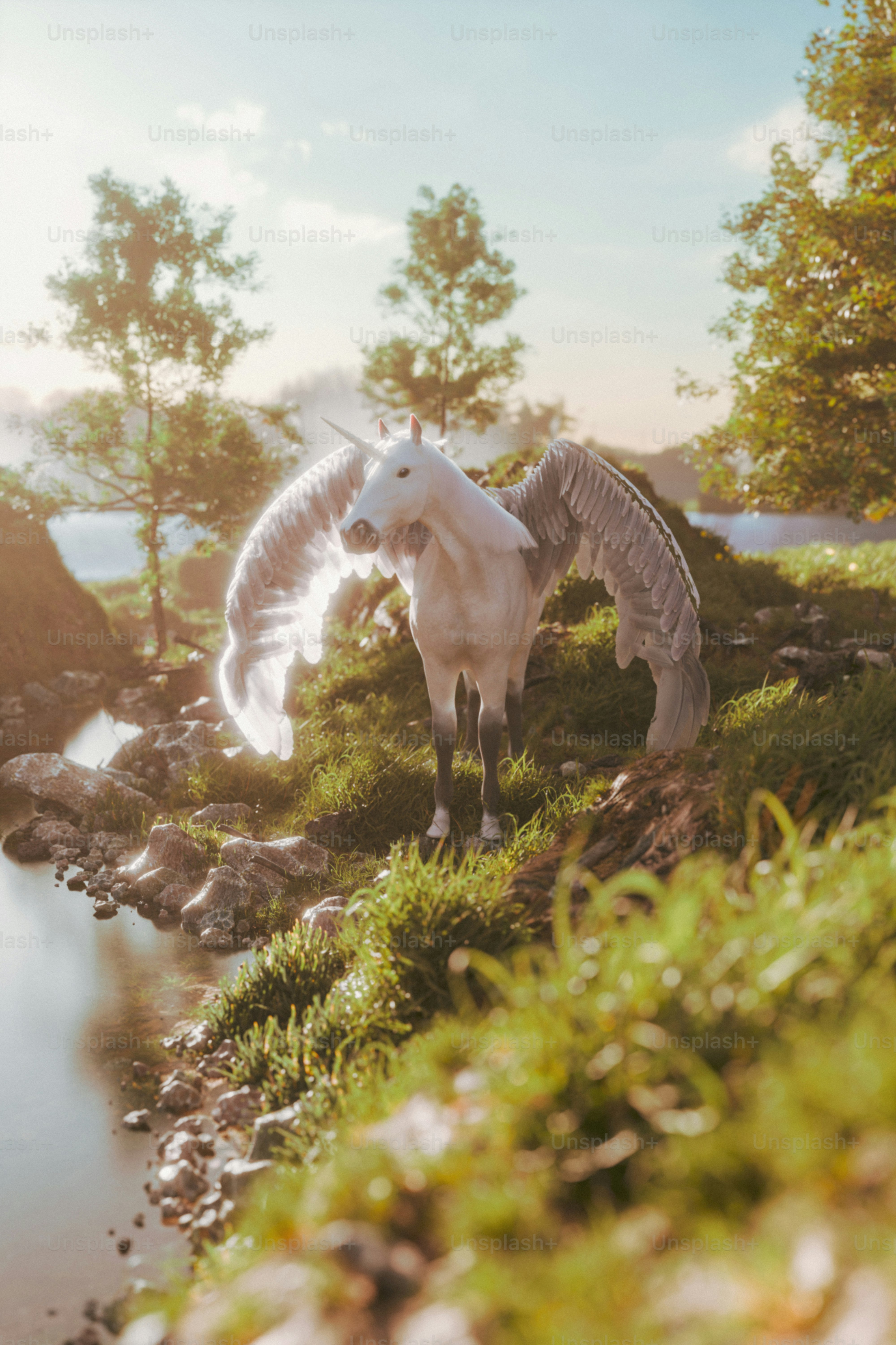 A winged unicorn stands near a tranquil body of water.