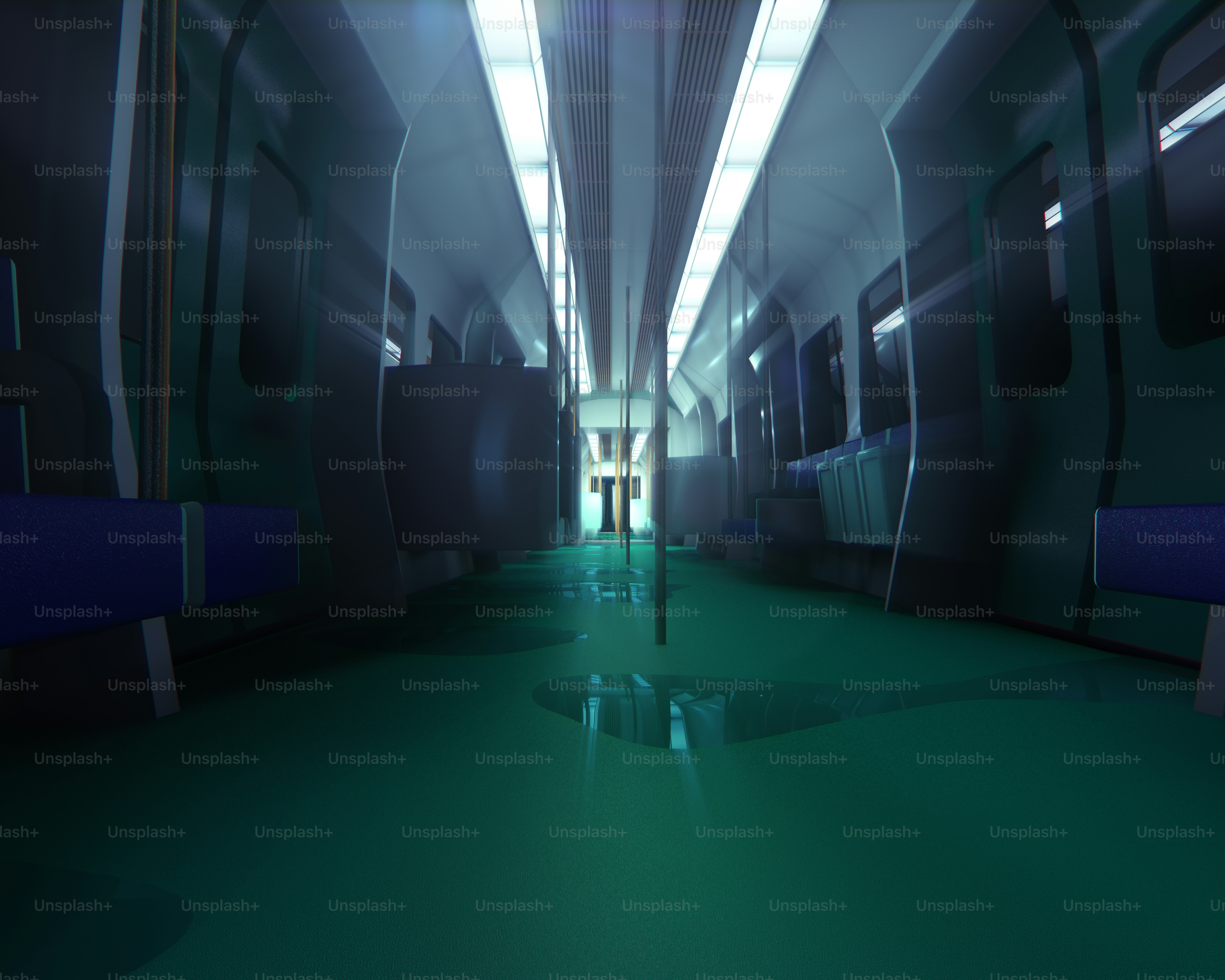 Empty train interior illuminated with dim lighting.