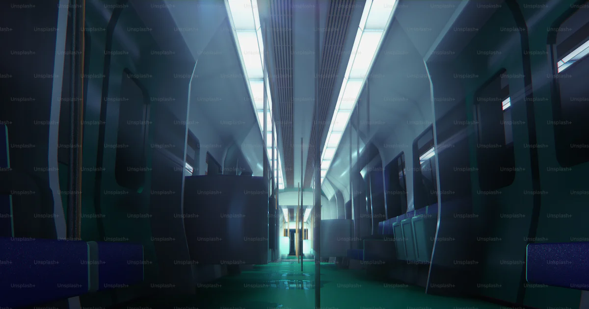 Empty train interior illuminated with dim lighting. photo – Night Image ...