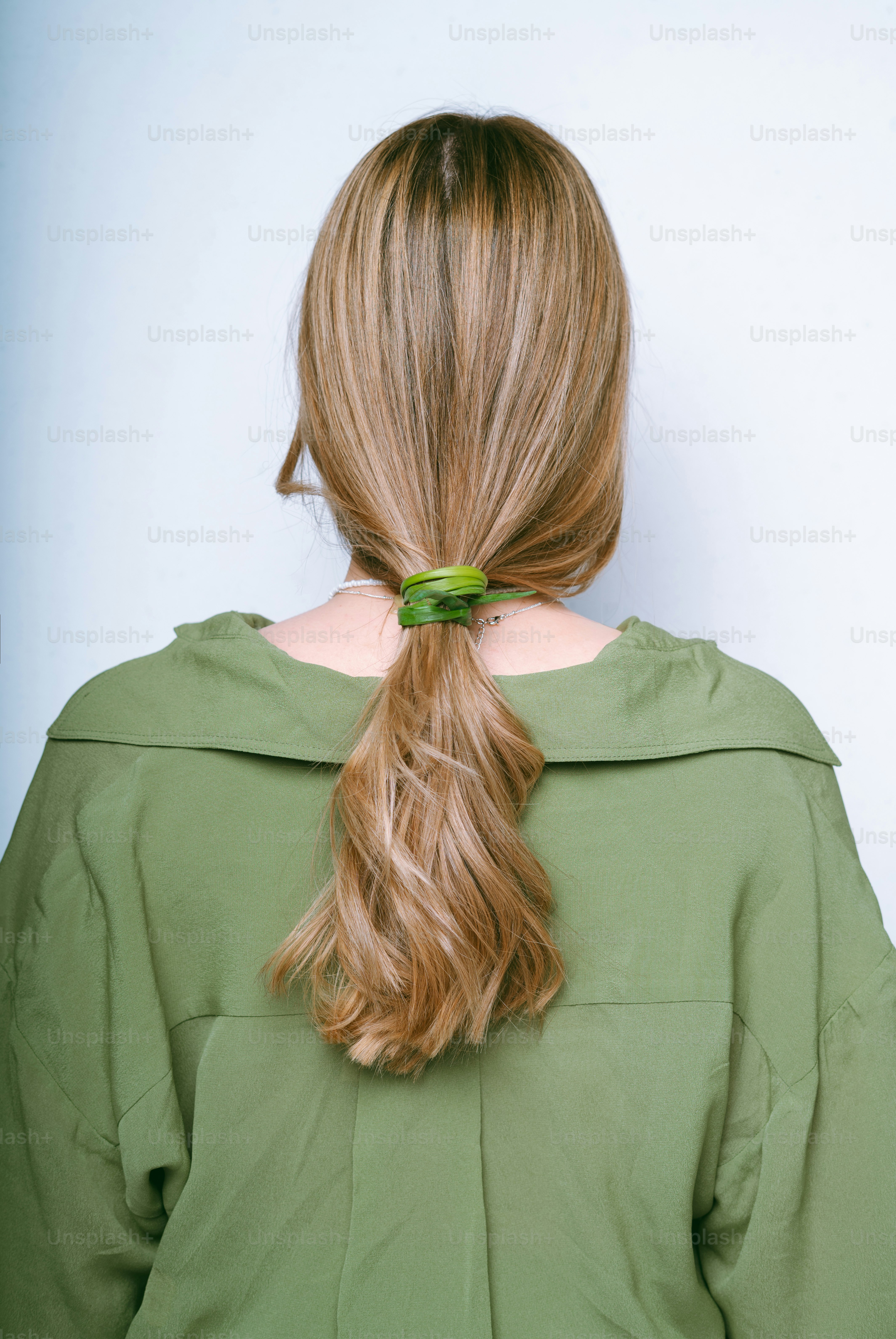 Woman's back, long hair in ponytail.