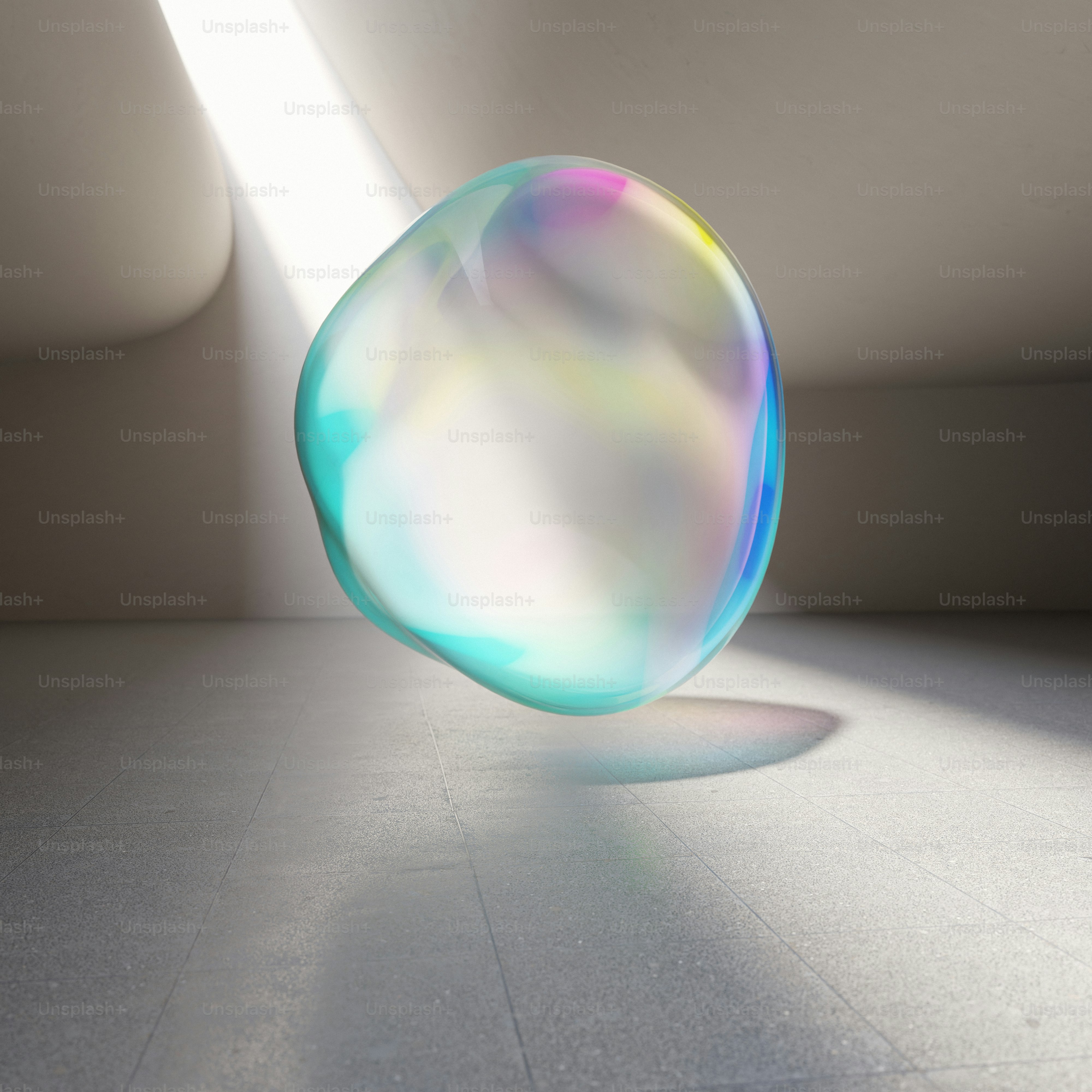 형형색색의 무지개 빛깔의 거품이 방 안에 떠 있습니다.