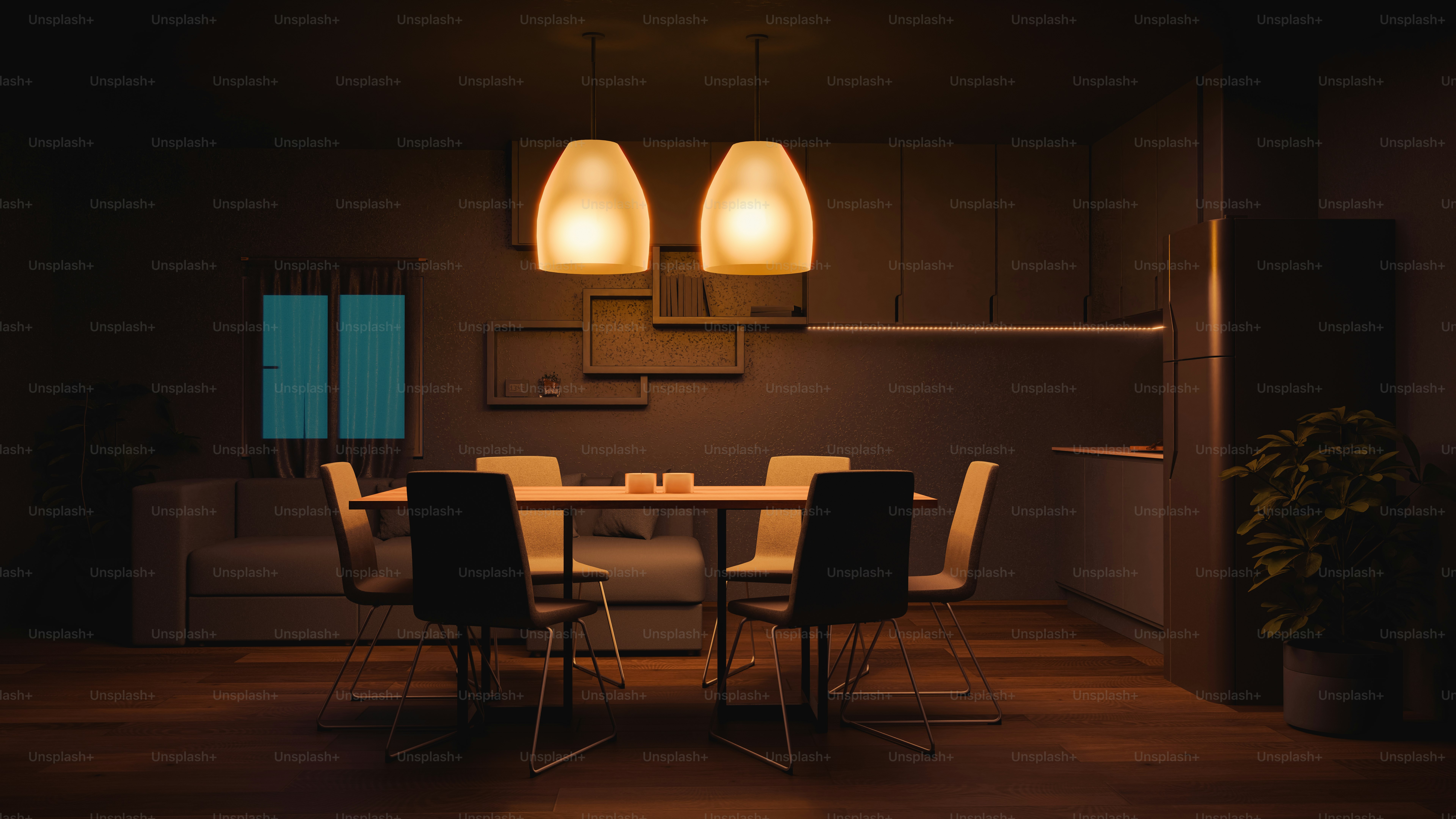 A cozy dining room lit by warm lights.