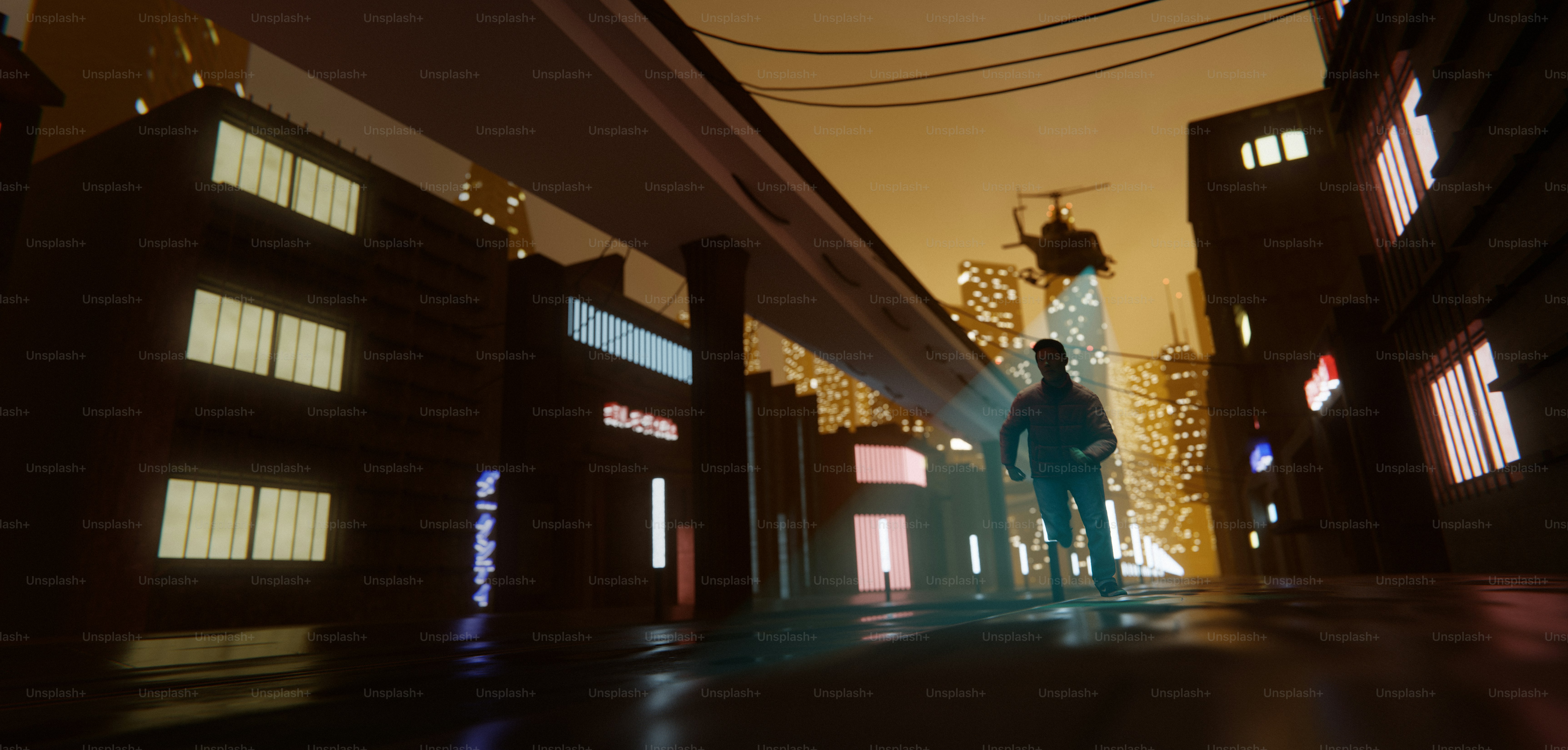 A lone figure walks through a futuristic city at night. photo – Night ...