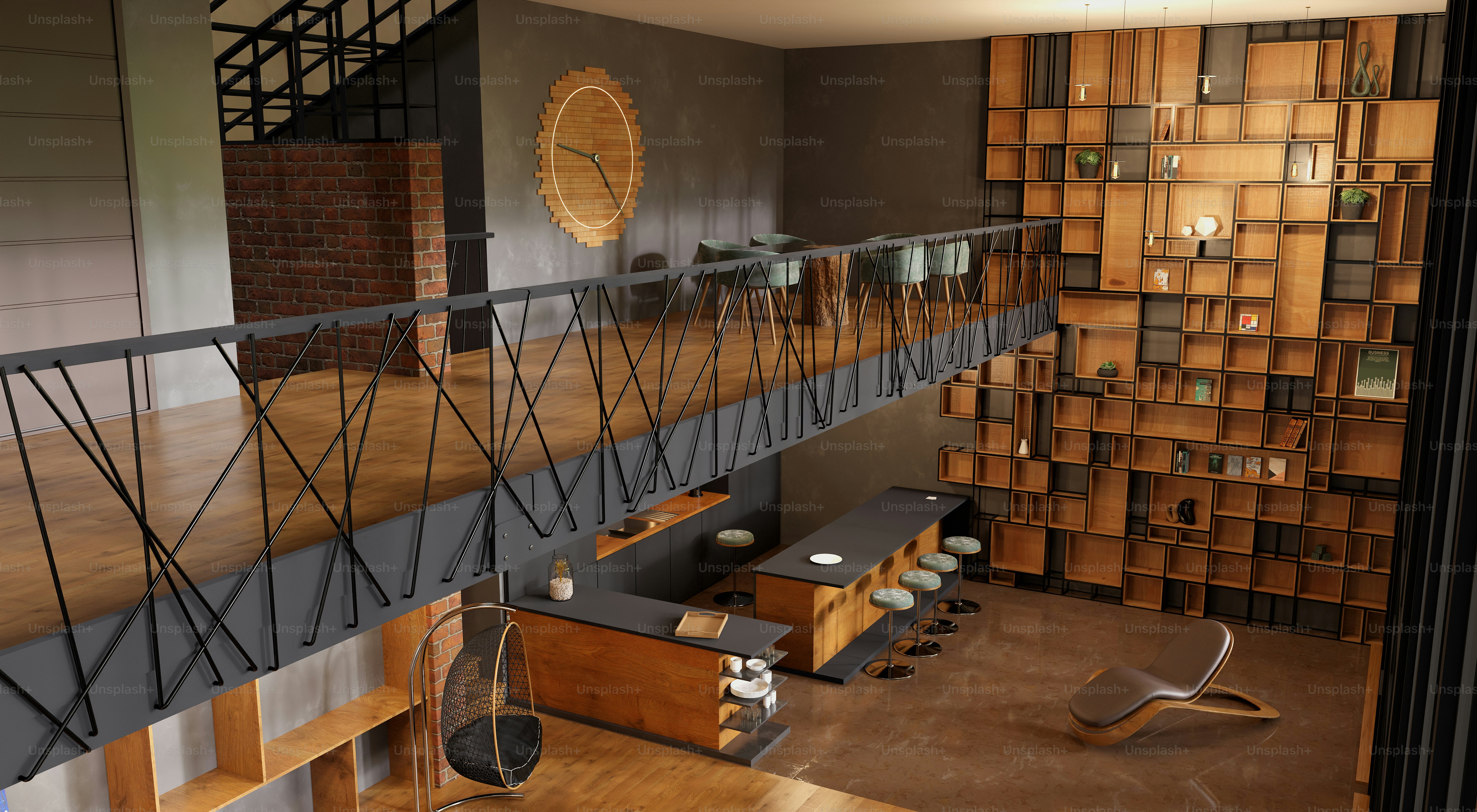 Modern, open-concept space with a mezzanine level.