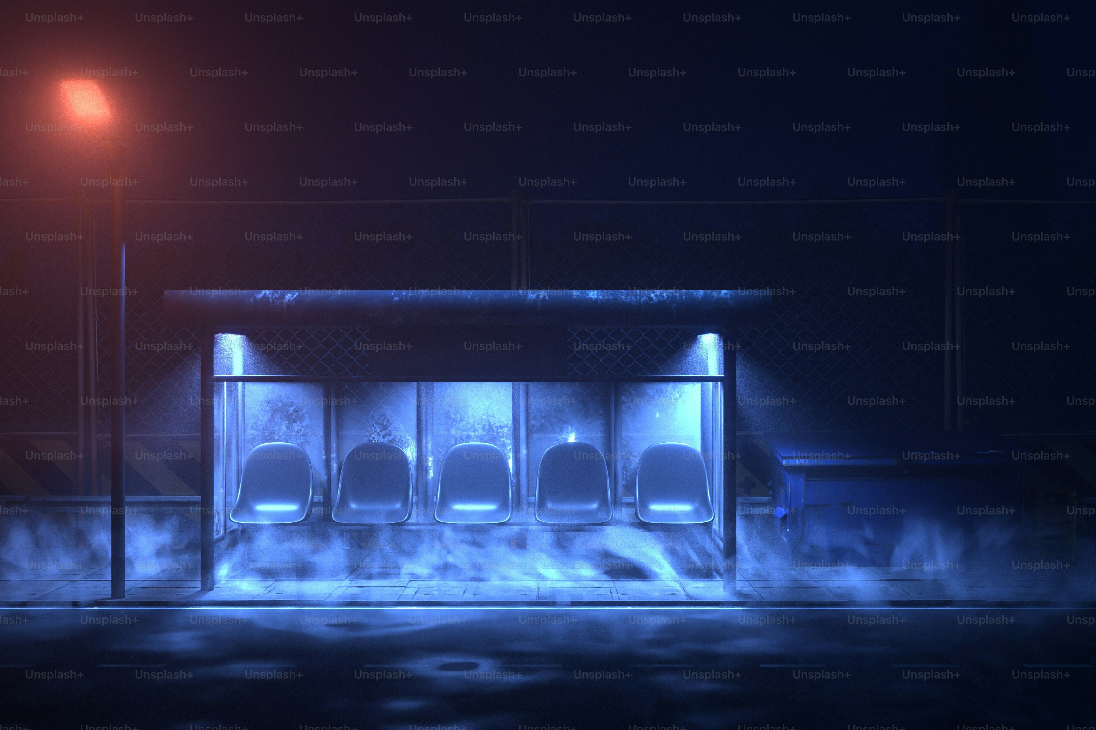 A lonely, foggy bus stop at night.