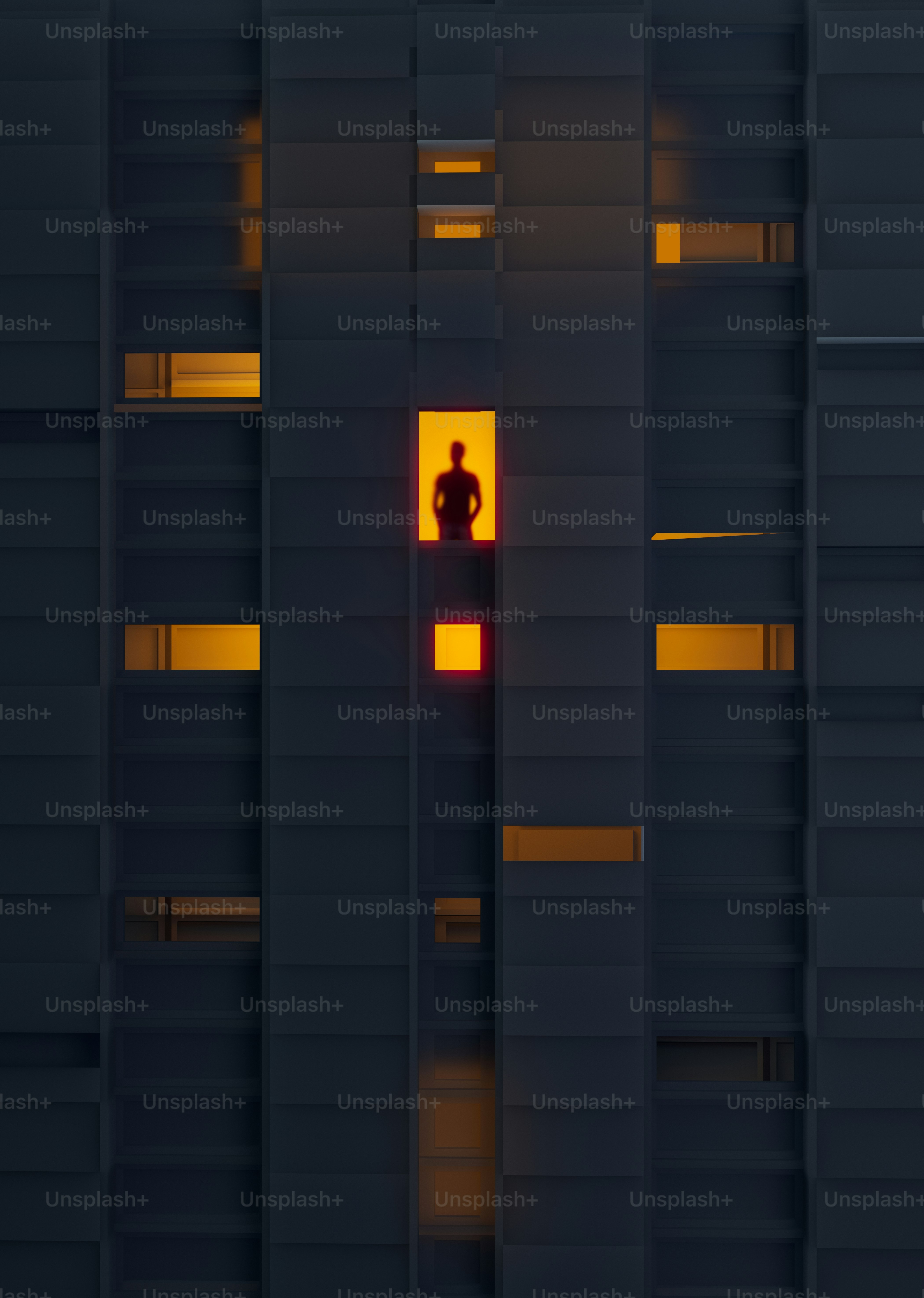 A silhouette stands in a brightly lit window.