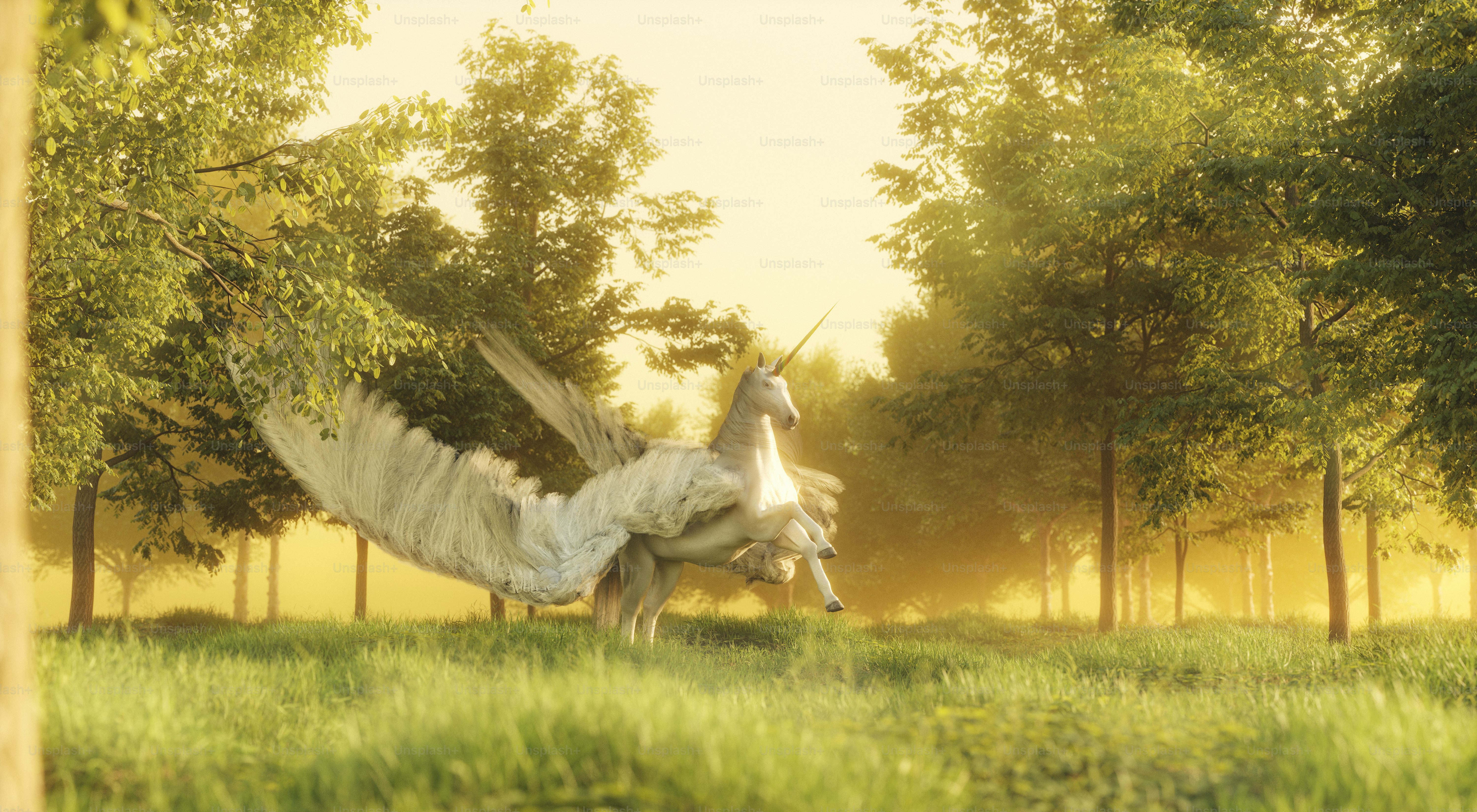A pegasus is running through a sunny meadow.