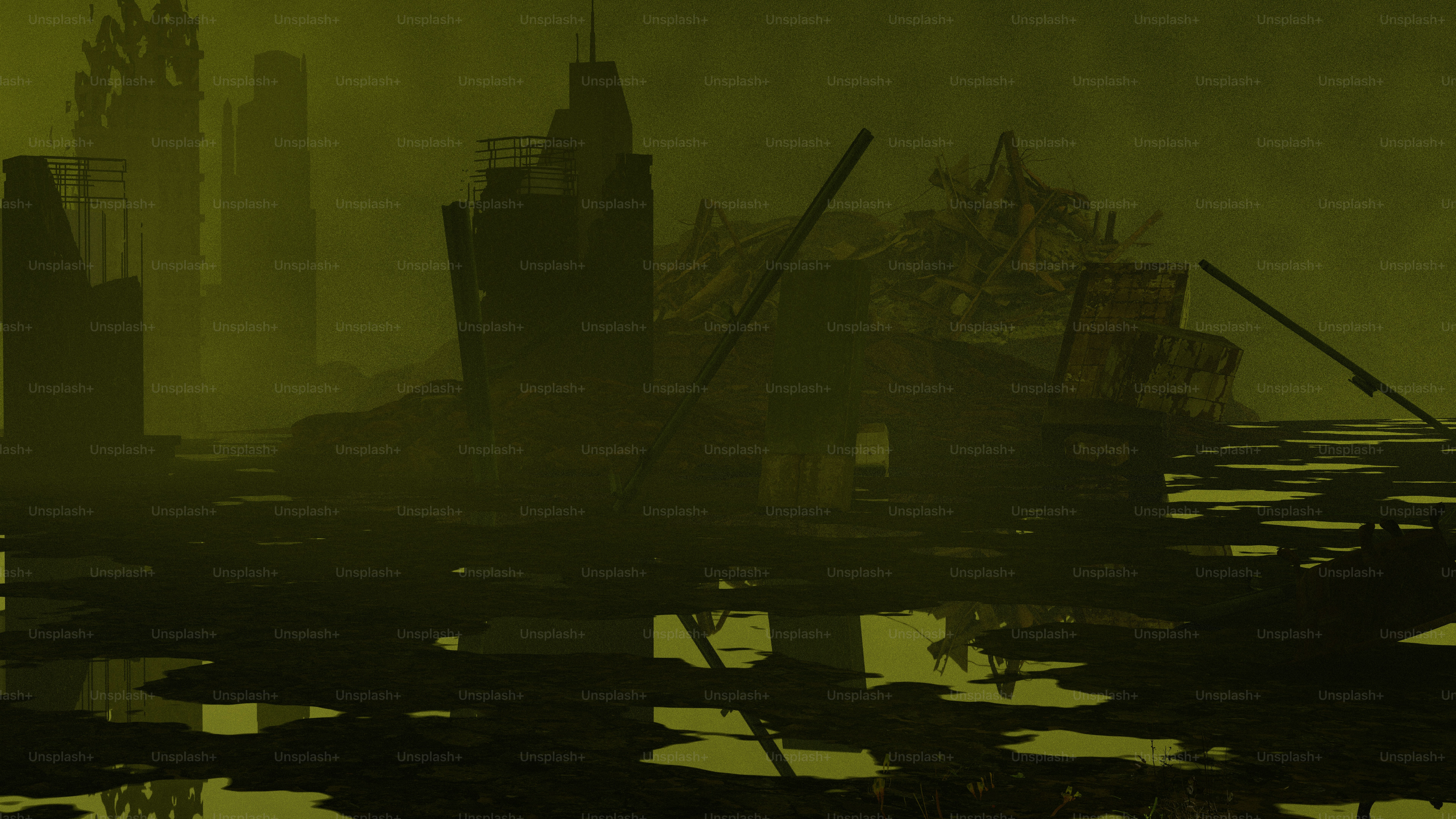 A ruined cityscape shrouded in an ominous mist.