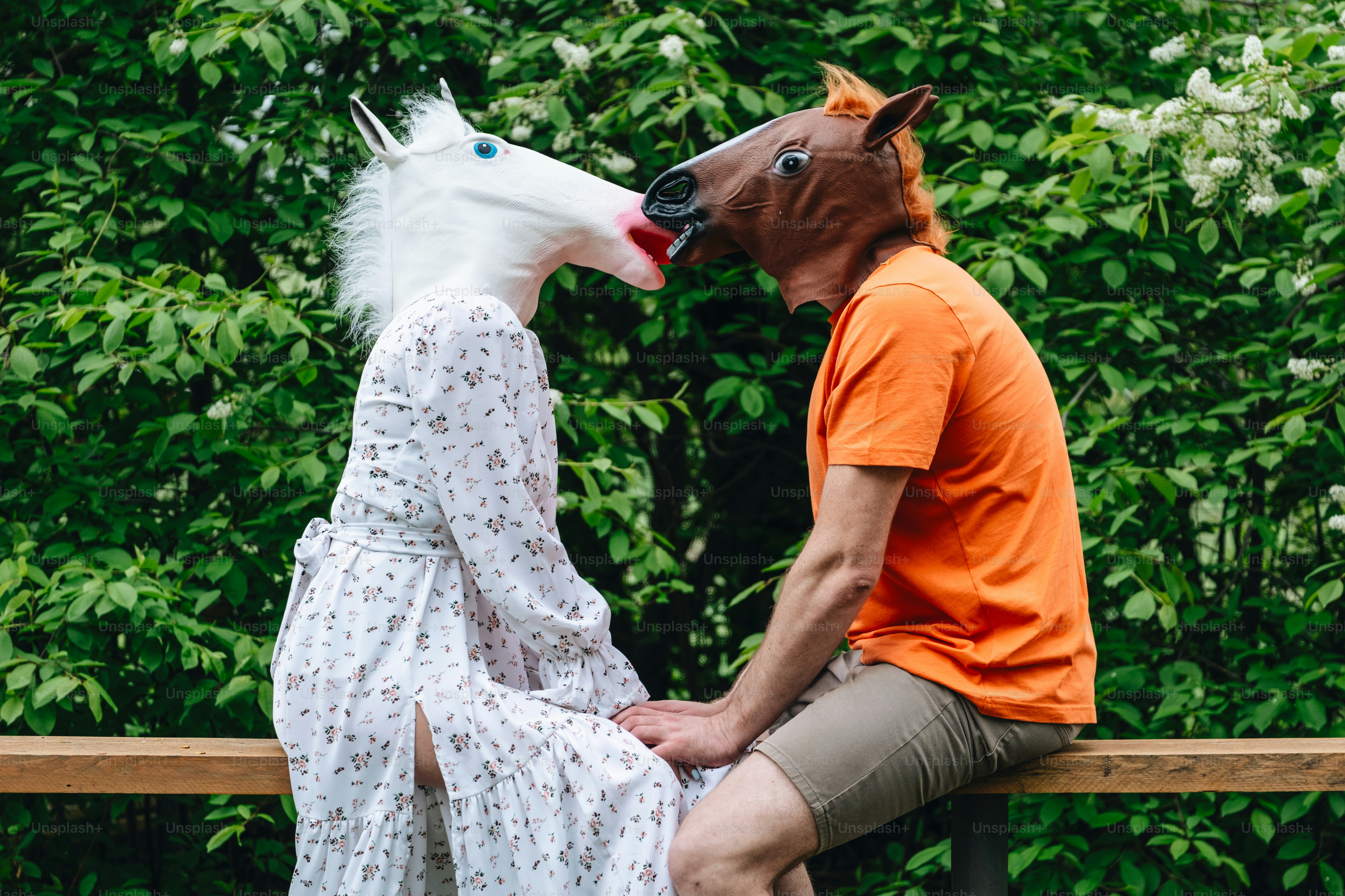 Menschen mit Pferdemasken küssen sich draußen.
