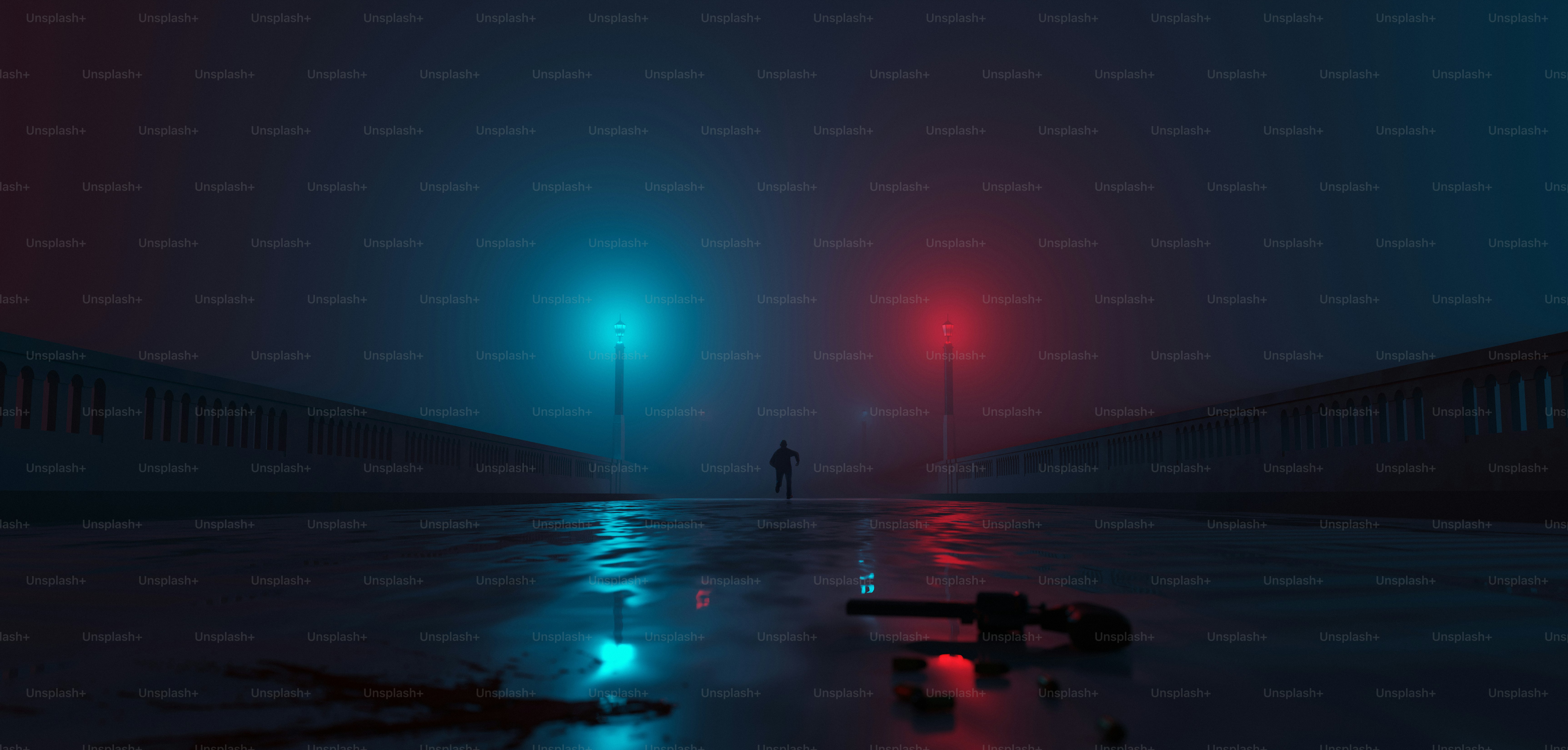 A fog-covered pier at night, water reflecting dim dock lights, with a single abandoned crate leaking a mysterious glowing liquid.