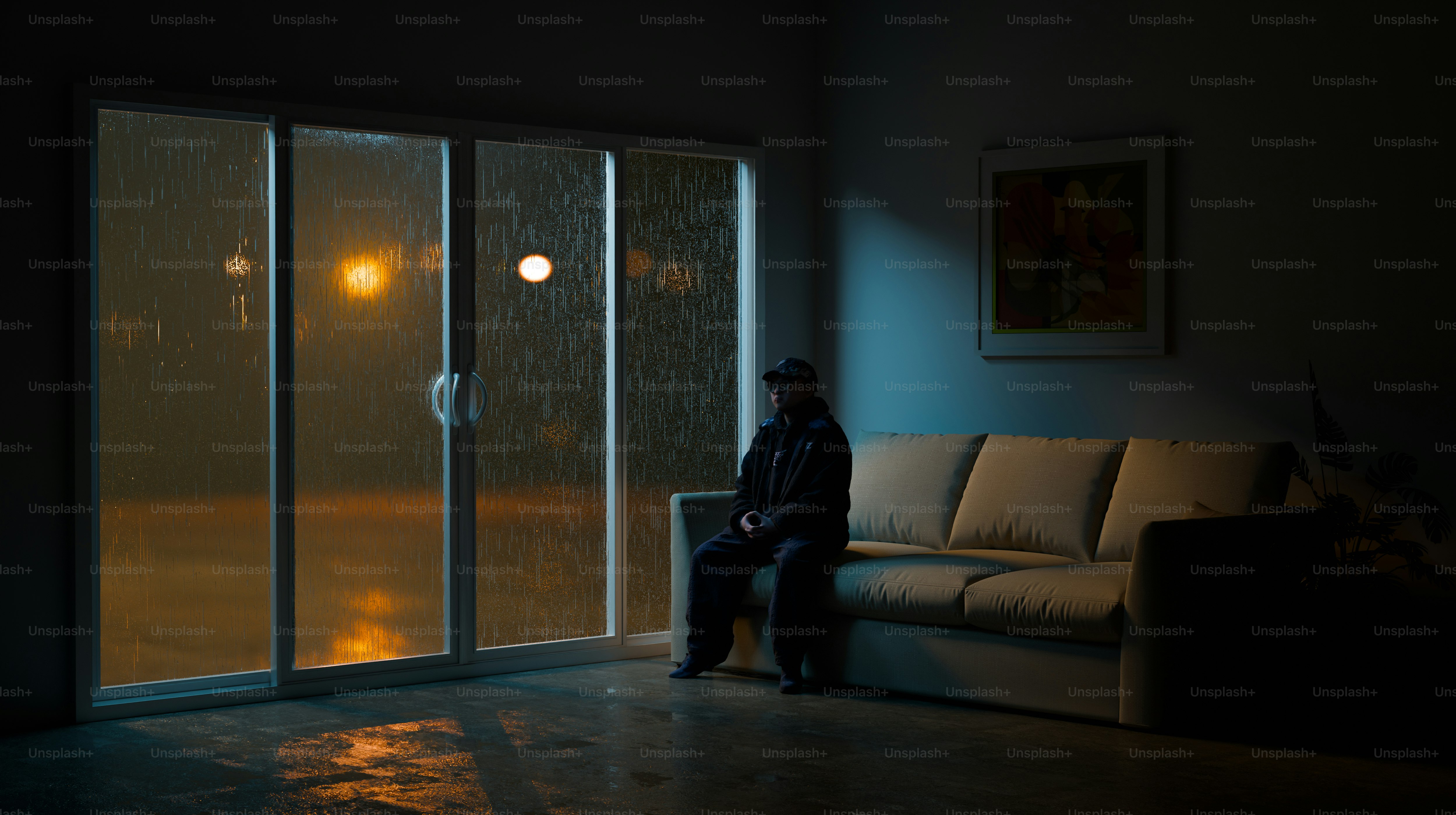 A man standing alone in a foggy room with light entering from a small window, symbolic and emotional mood