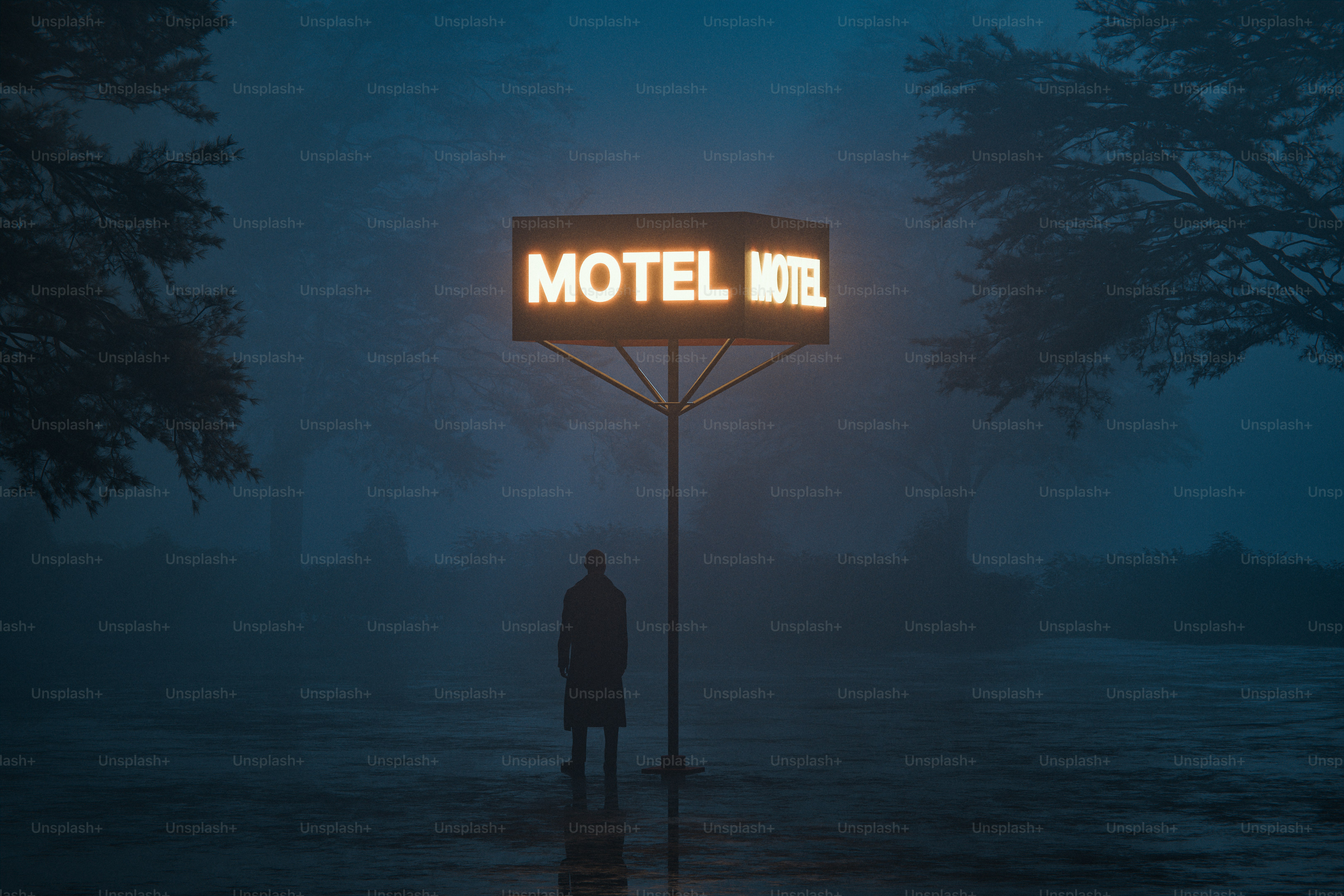 Lonely person standing under a motel sign in the middle of a forest covered in thick volumetric fog. 3D render.