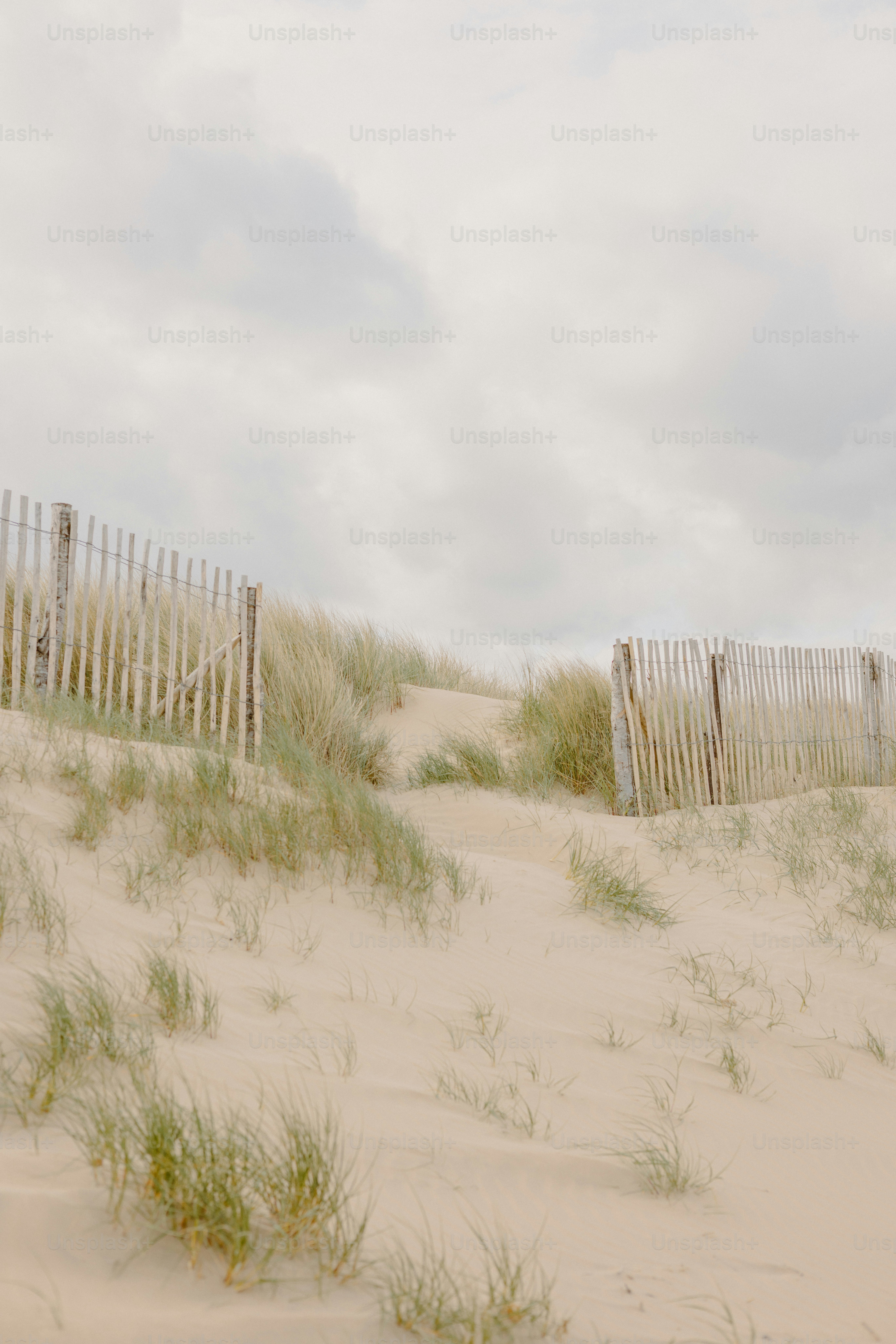 Sandy dunes with fences under a cloudy sky.