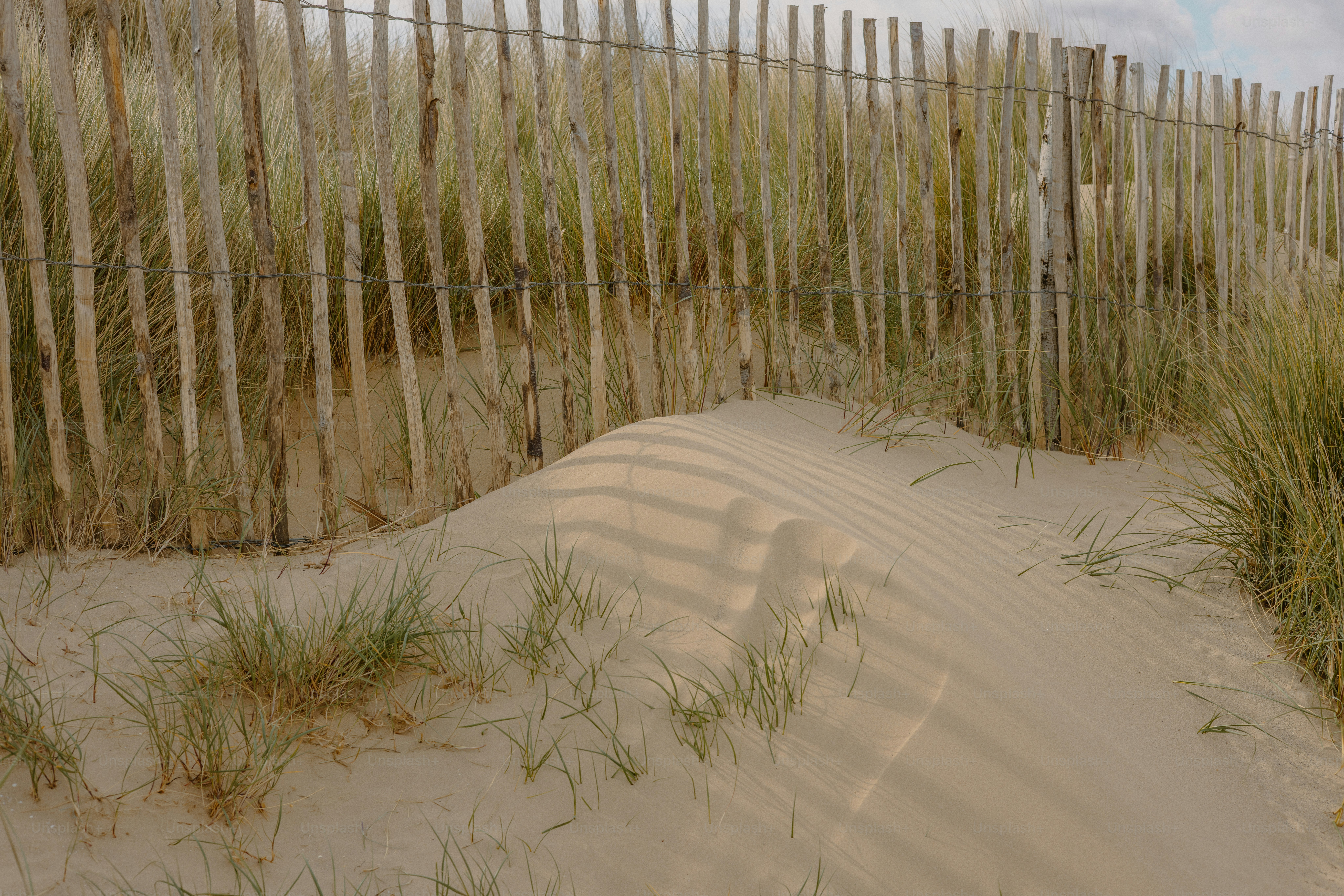 Sand dunes are near a fence.