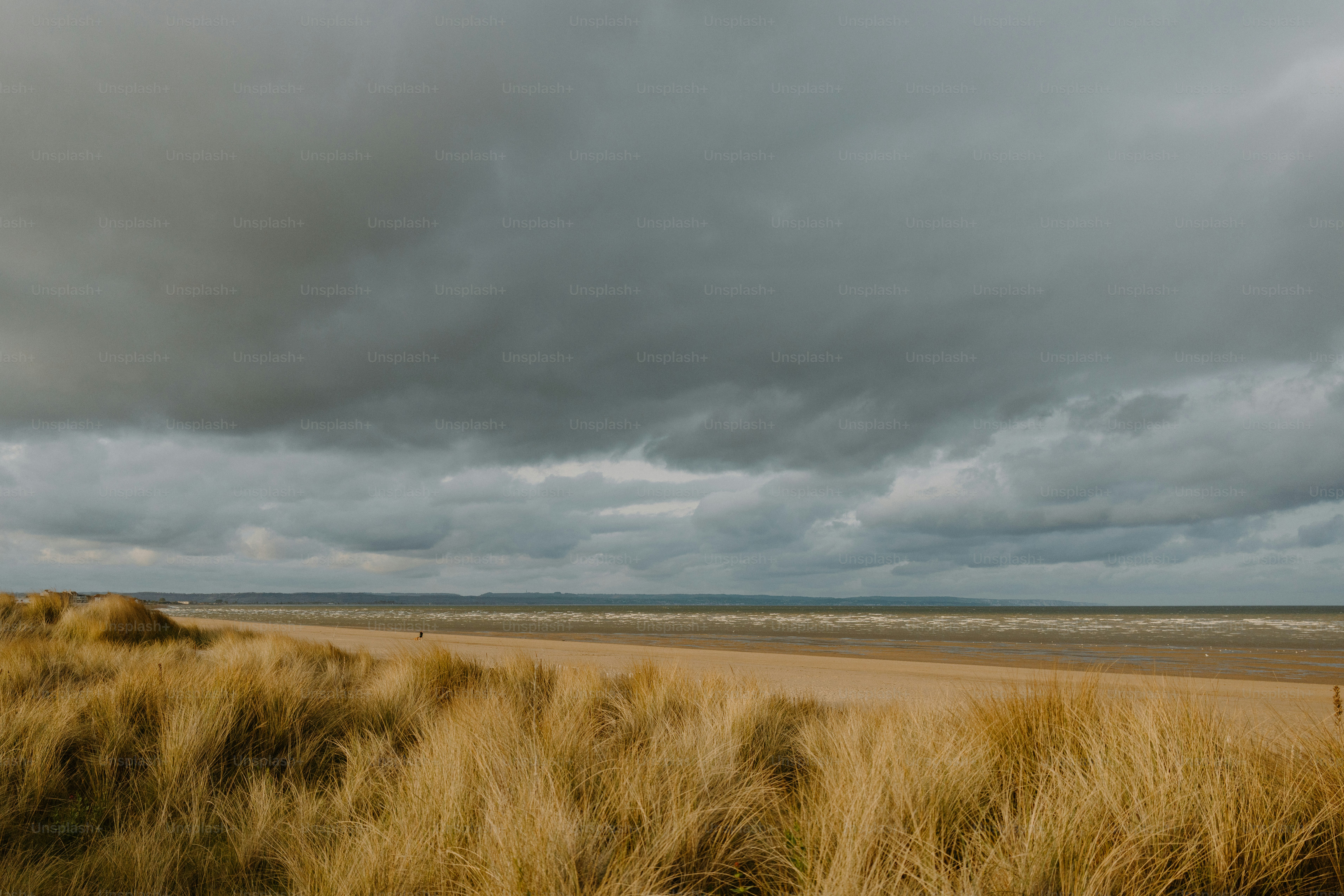 Overcast sky hangs over a sandy beach.