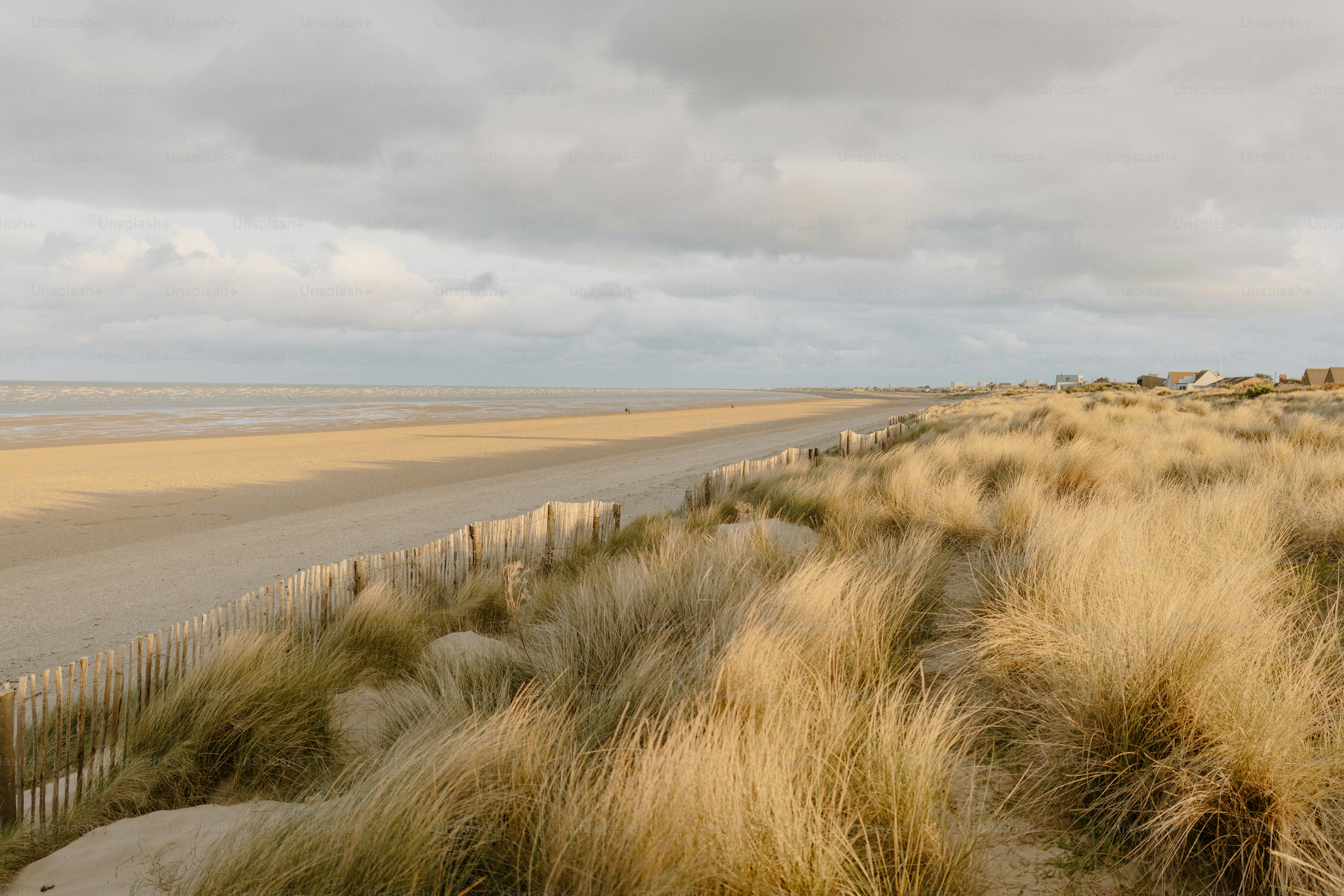 Grassy dunes line a sandy beach under a cloudy sky.