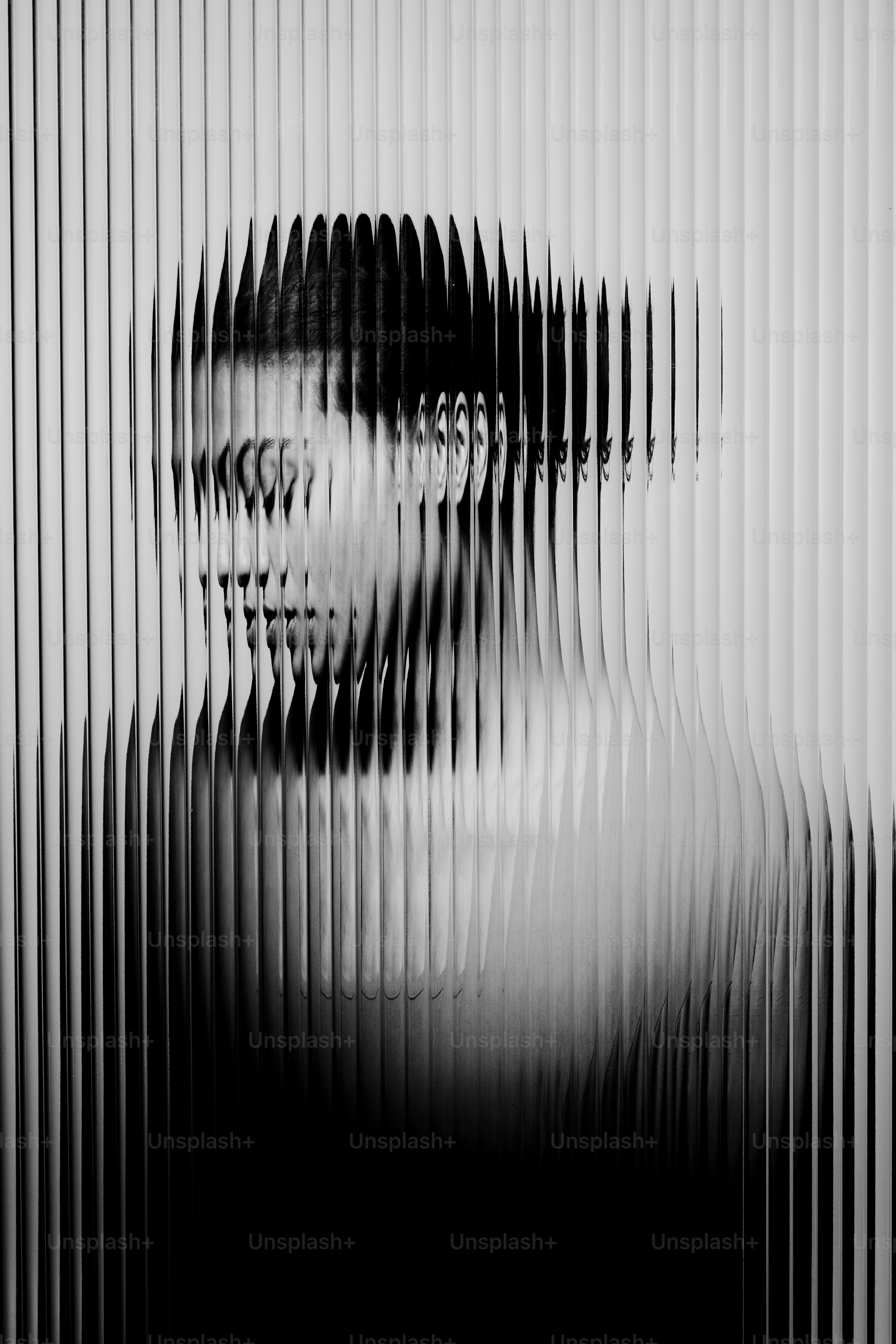 Sebuah potret tampak terdistorsi di balik garis vertikal.