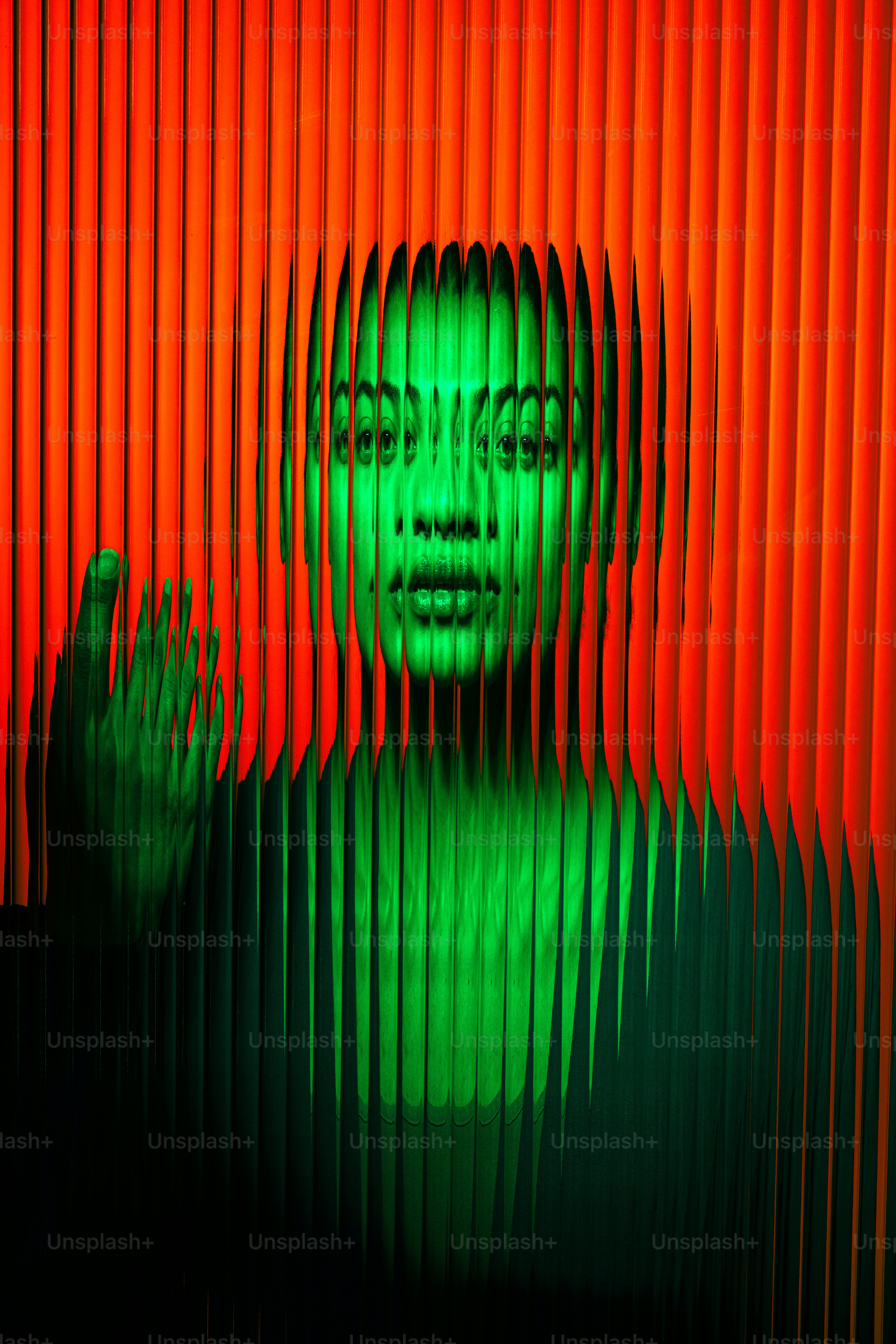 Le visage de la femme est illuminé d’une lumière verte.