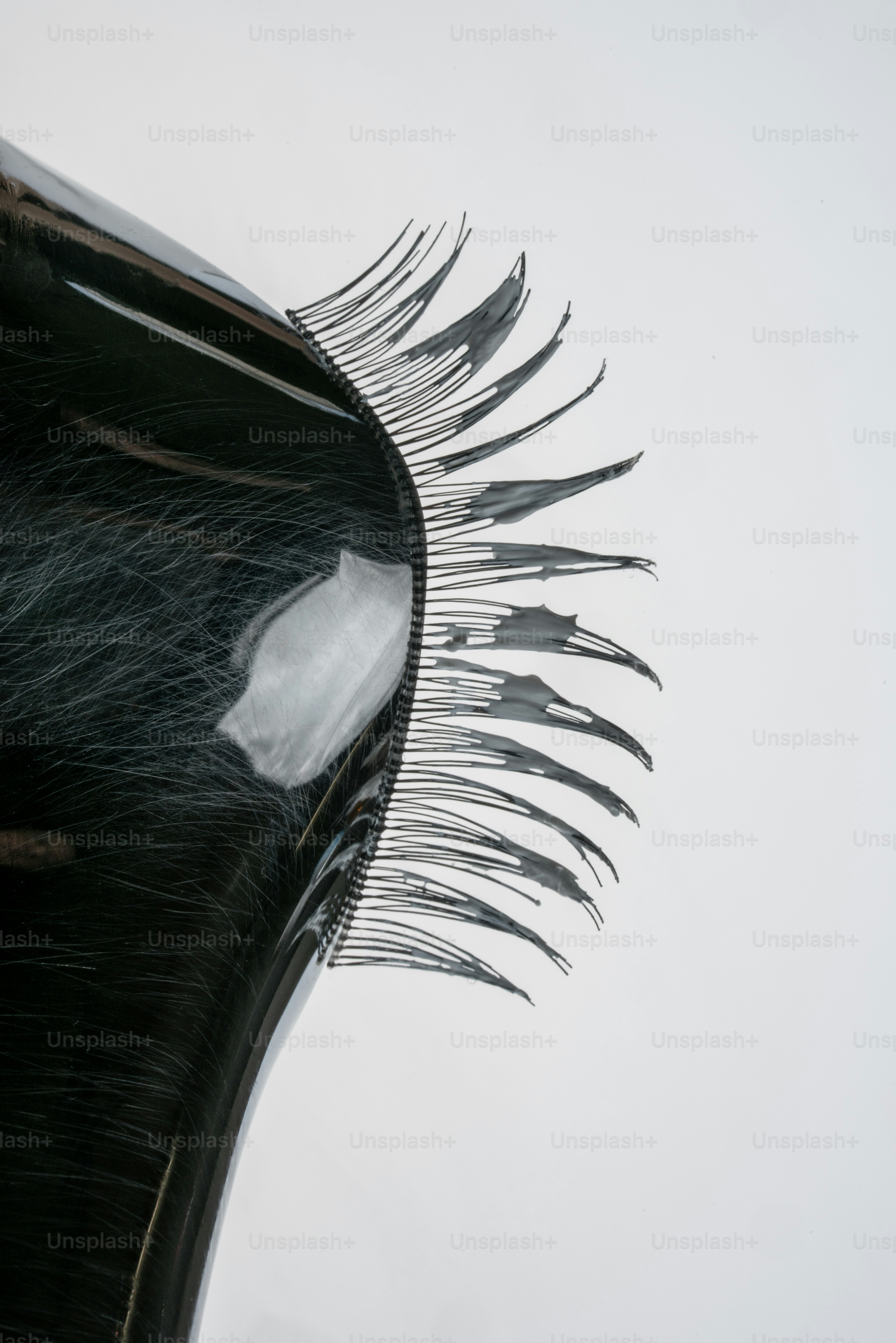 Eyelashes curl from a shiny black surface.