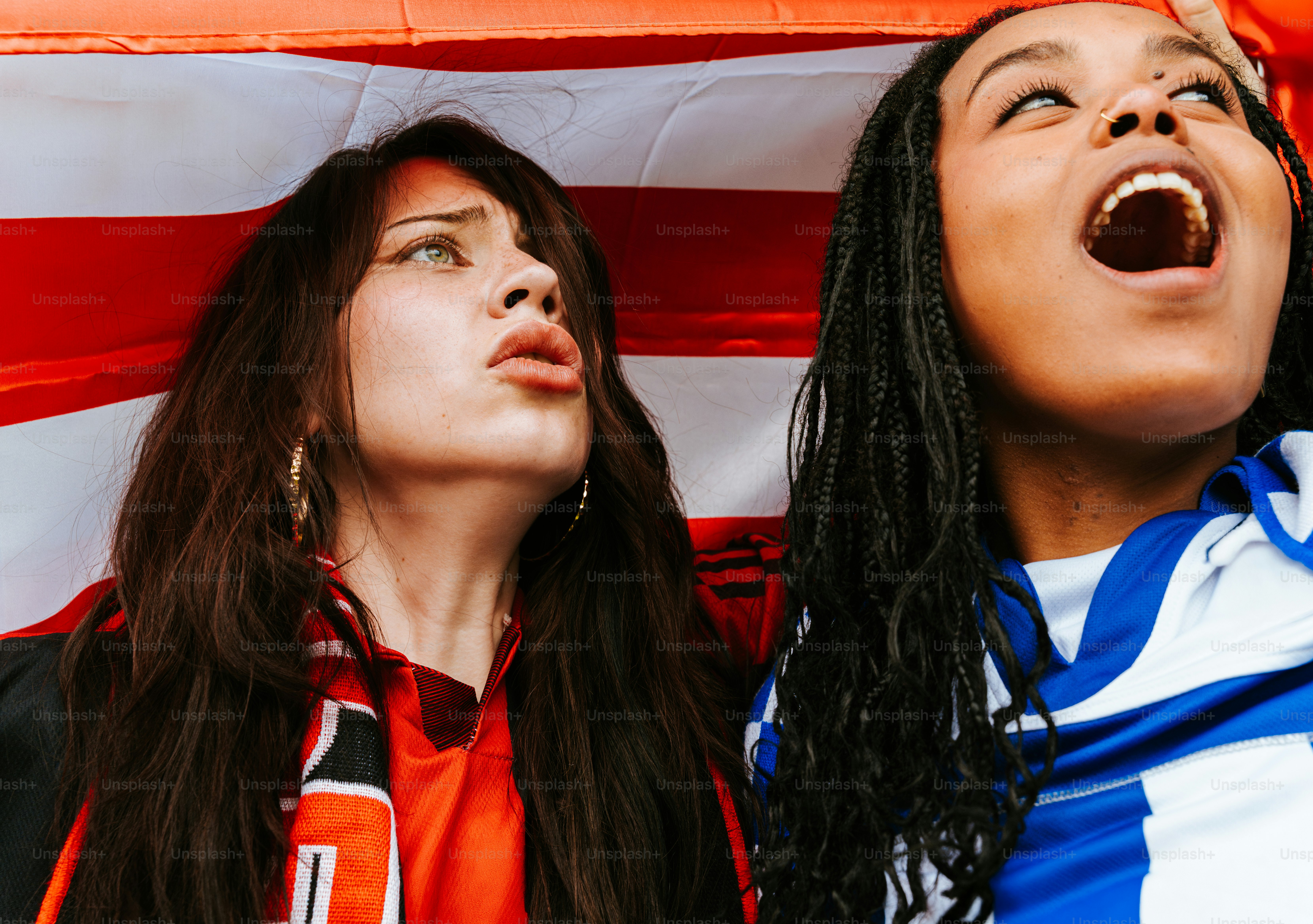 Excited fans cheer during a game with a flag
