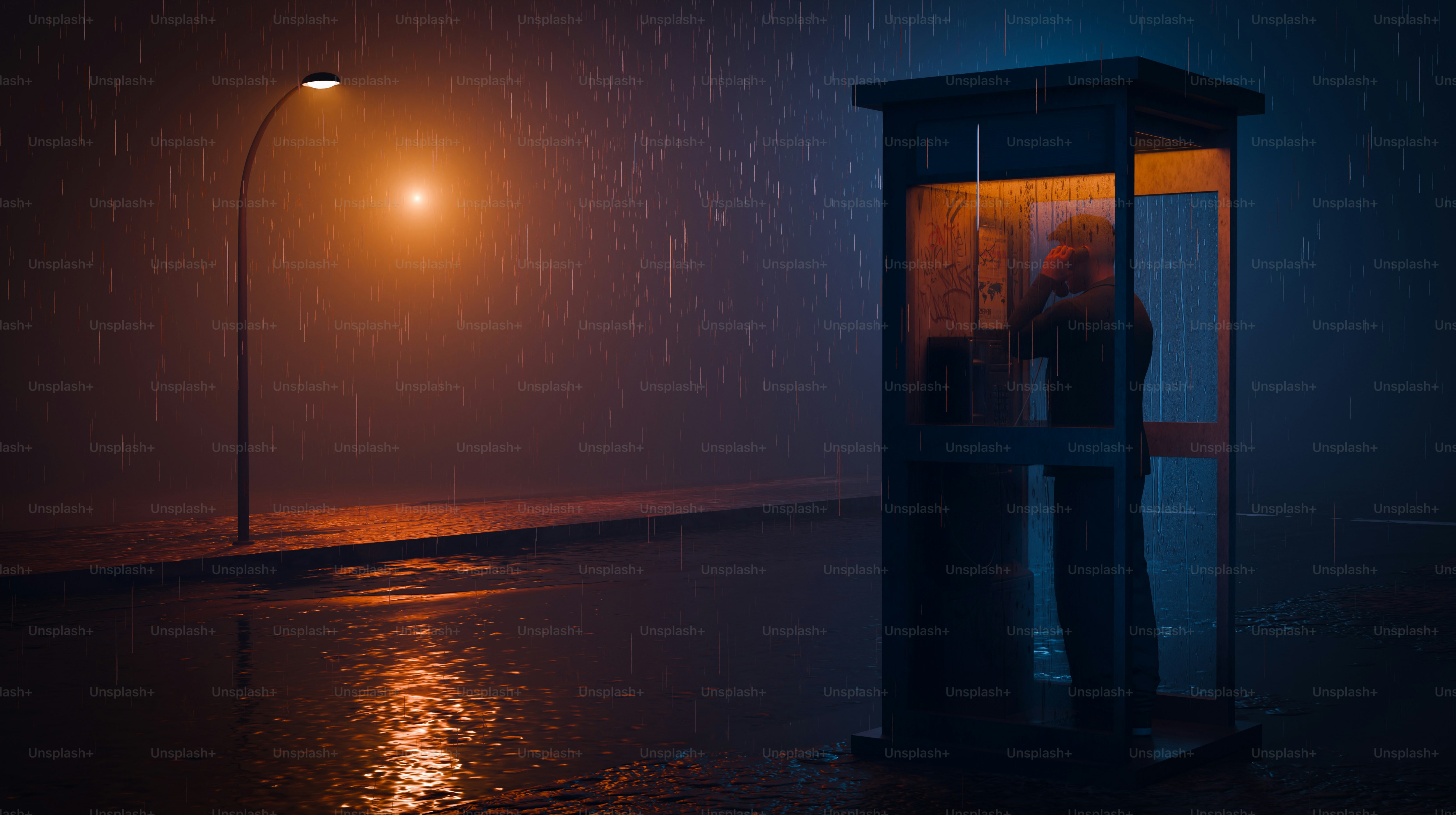 A person is in a phone booth in the rain. photo – Night Image on Unsplash