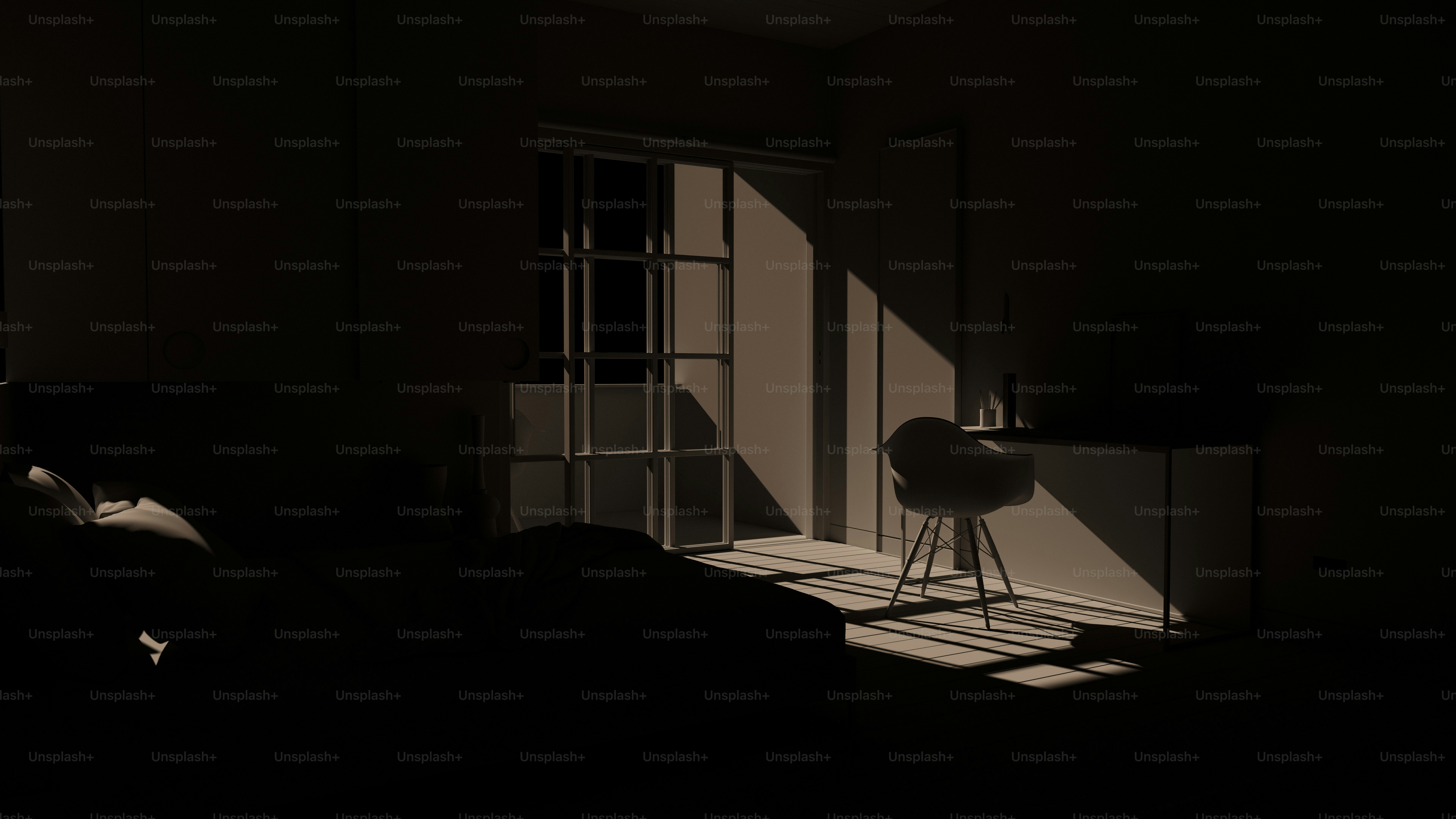 Sunlight streams into a dimly lit room
