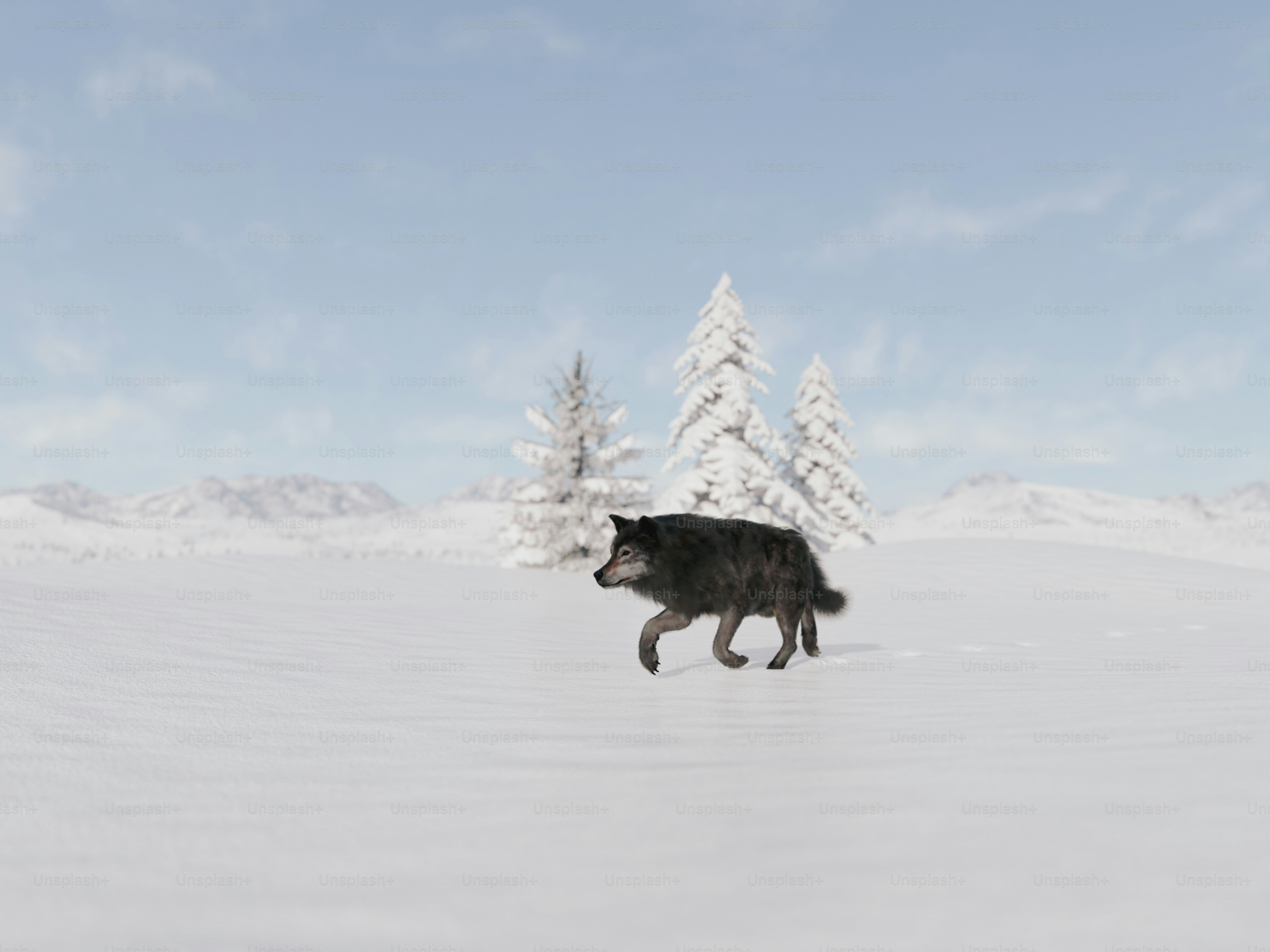 A wolf walks in a snowy, winter landscape.
