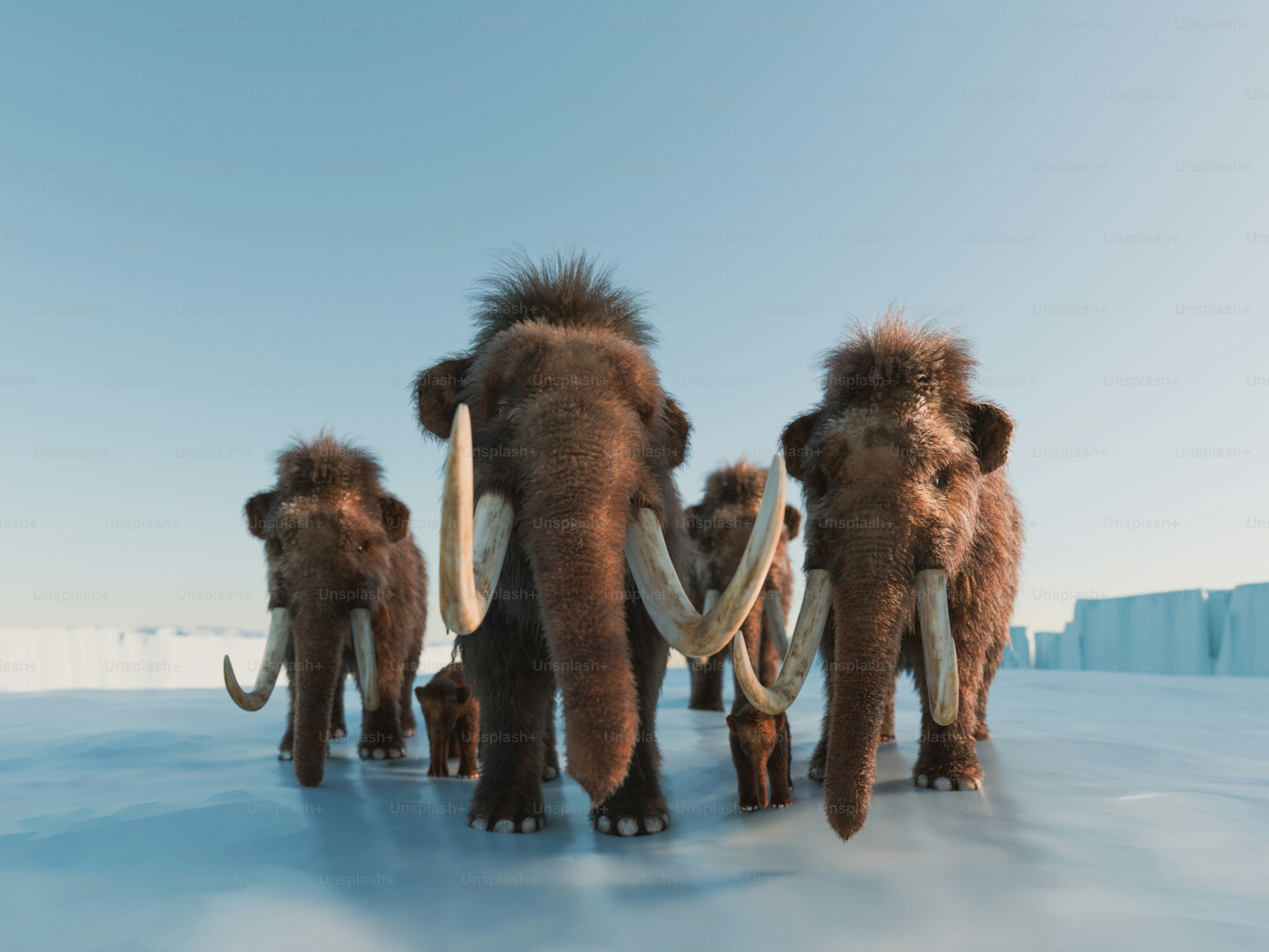 Une famille de mammouths laineux dans un paysage enneigé.