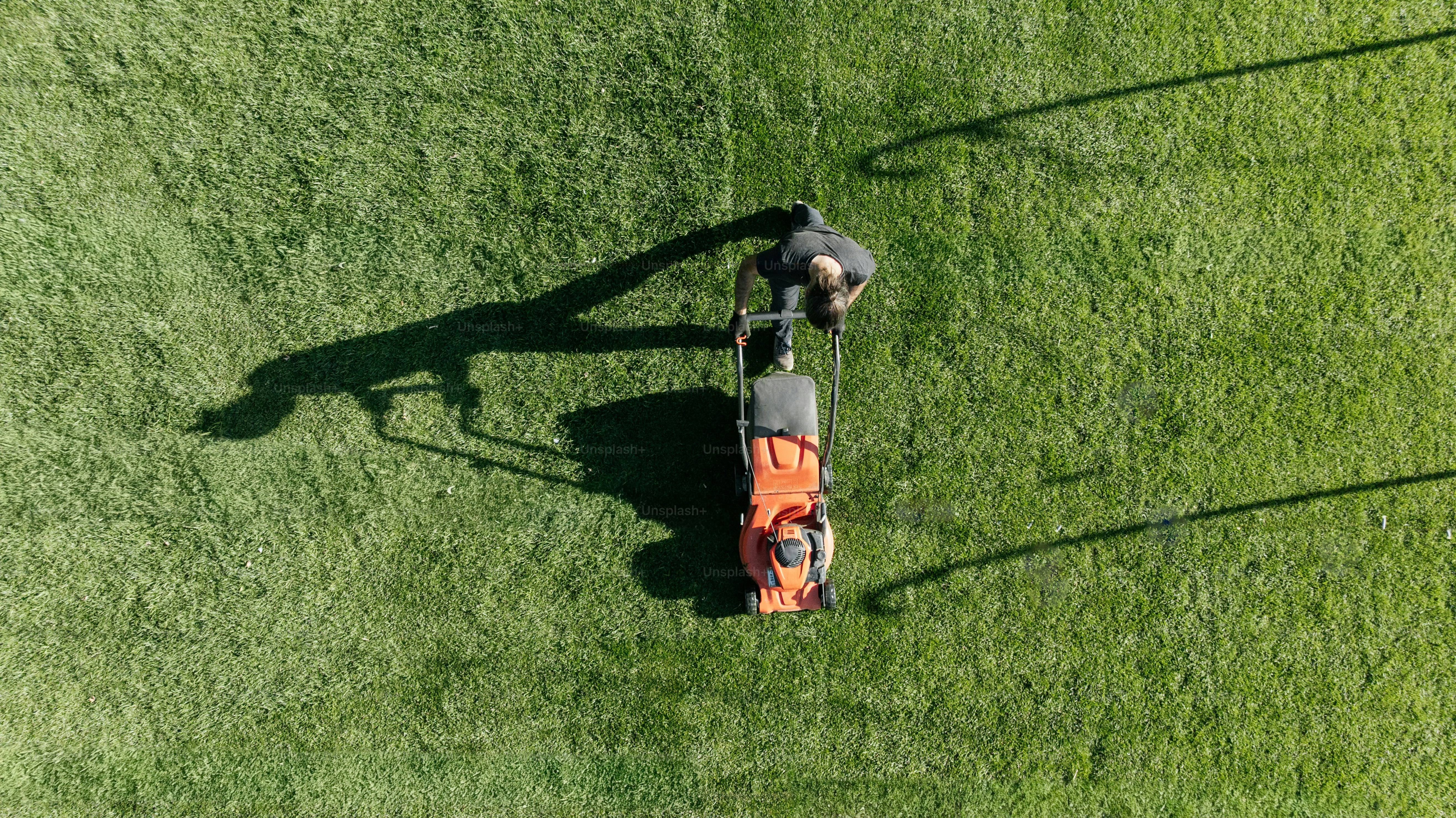 A person is mowing a green lawn.