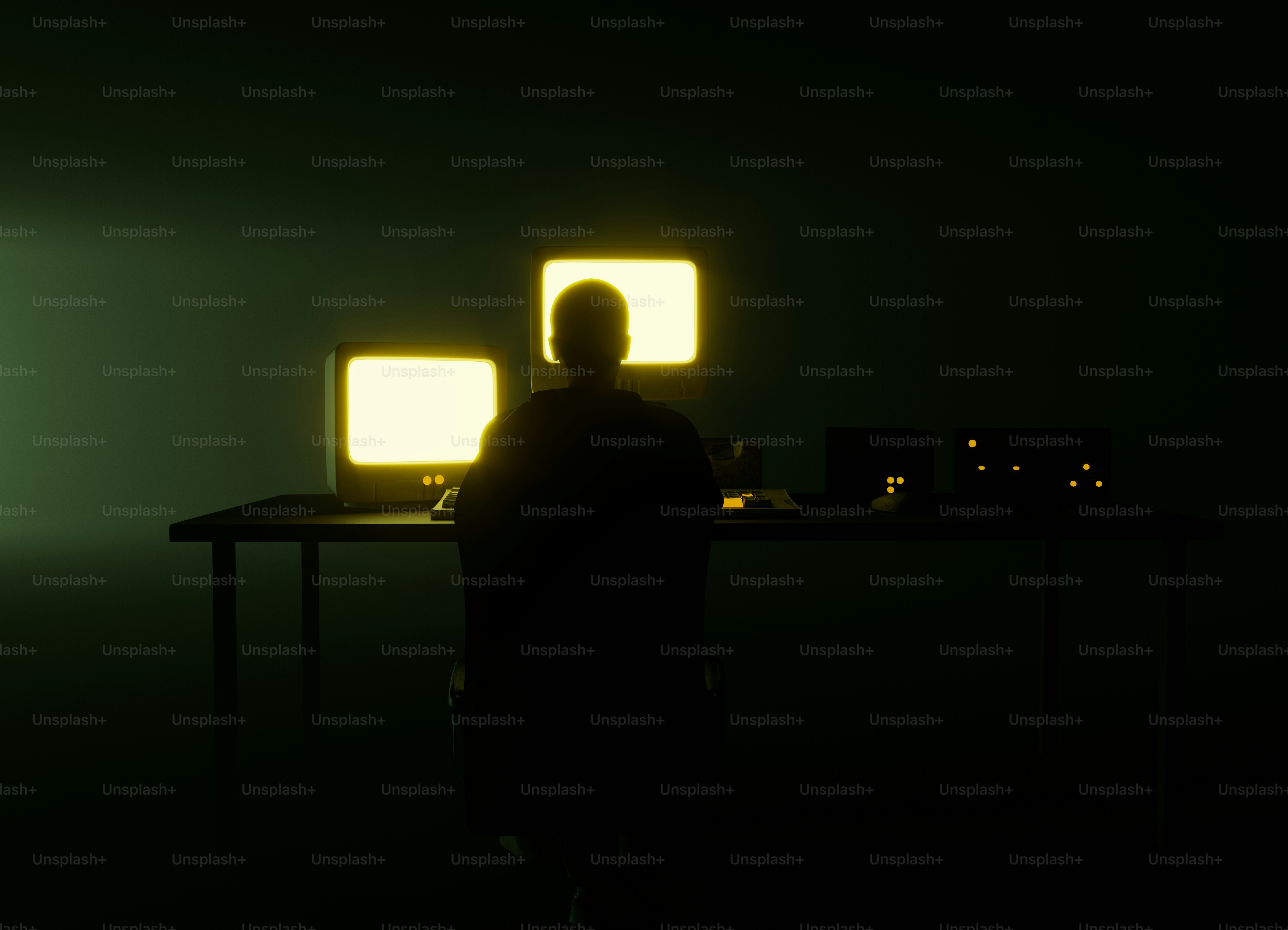 A person works at a desk with two monitors.