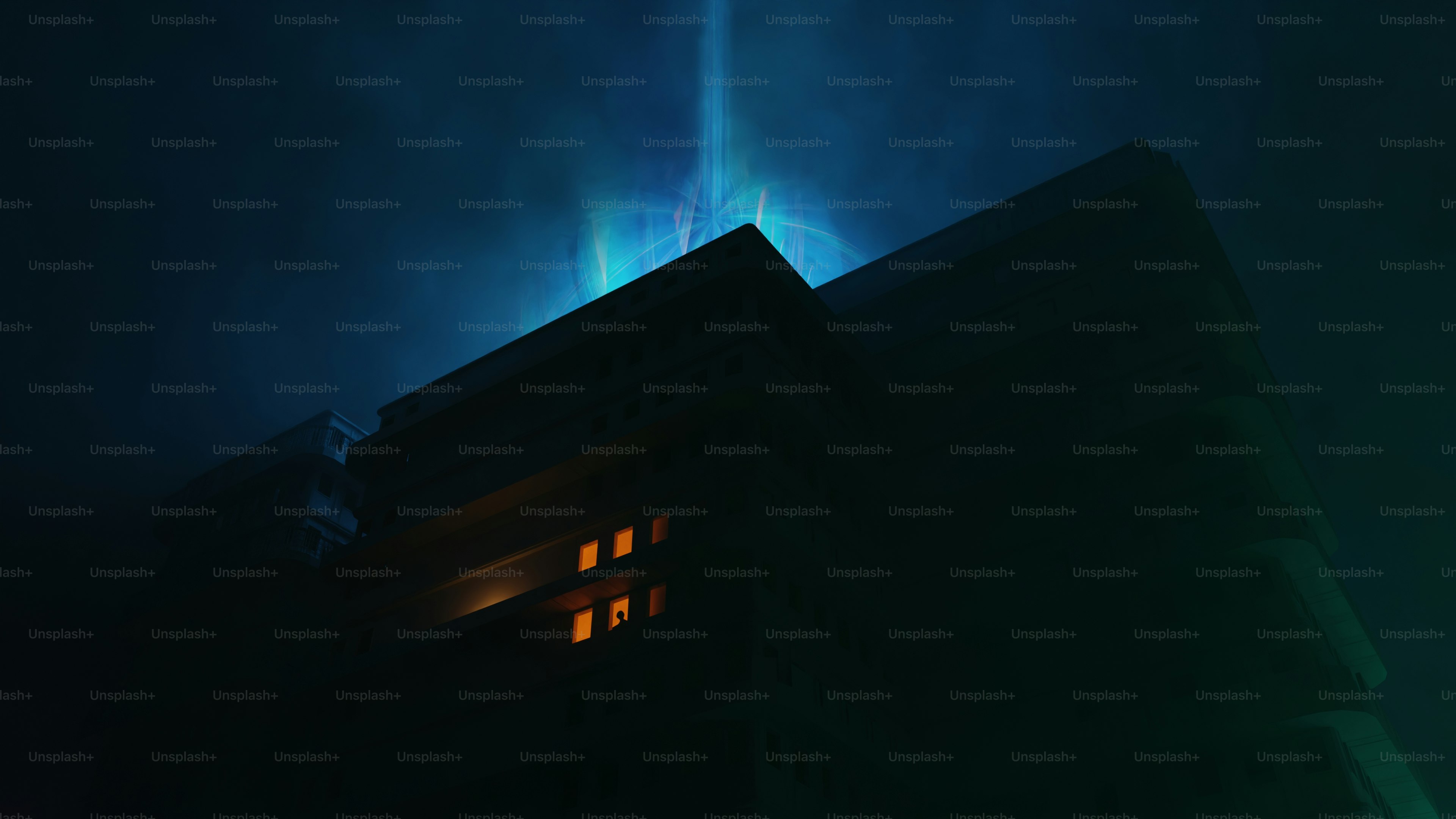 A dark building with mysterious blue light.