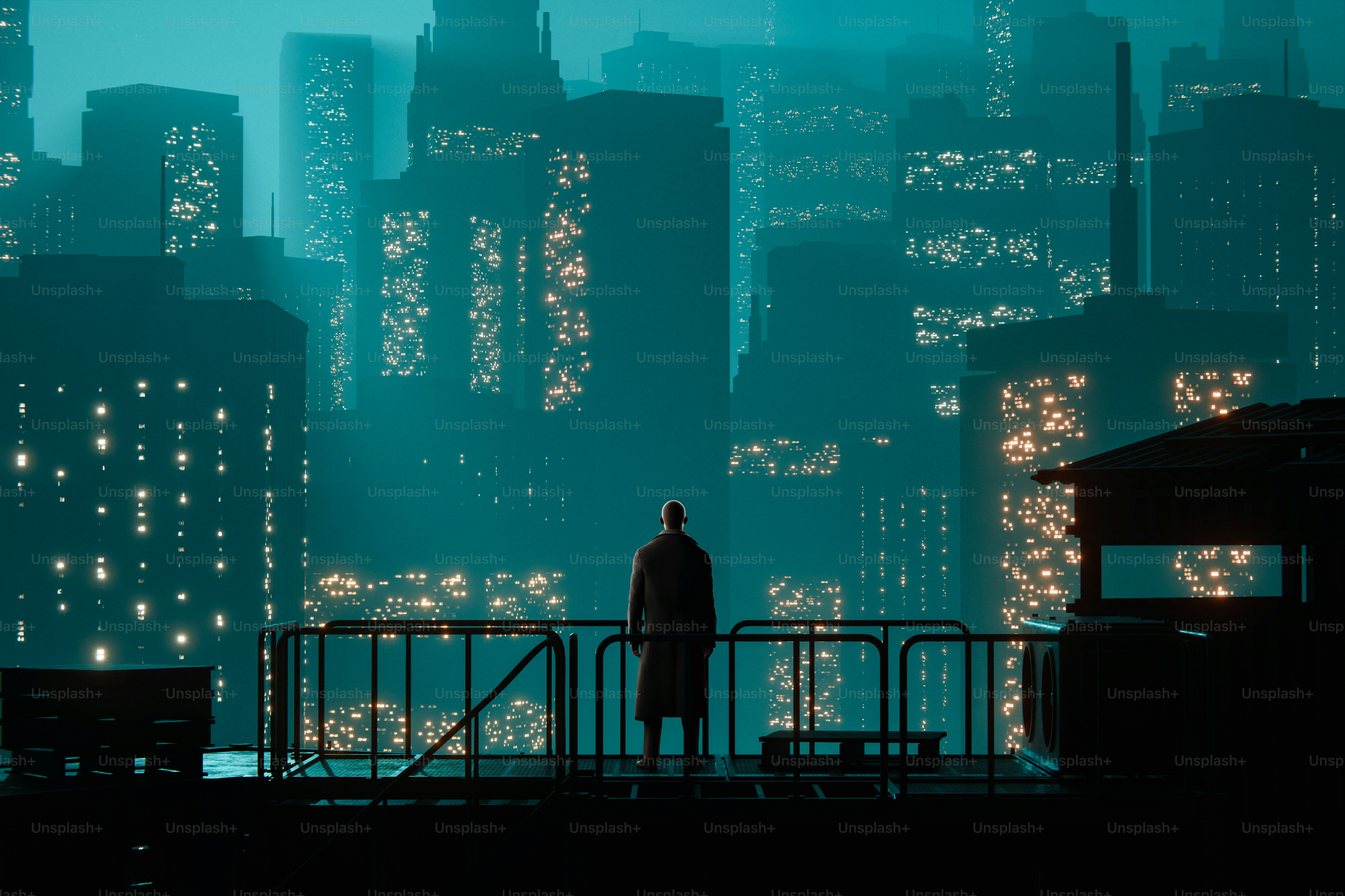 A person stands overlooking a dark, cityscape.