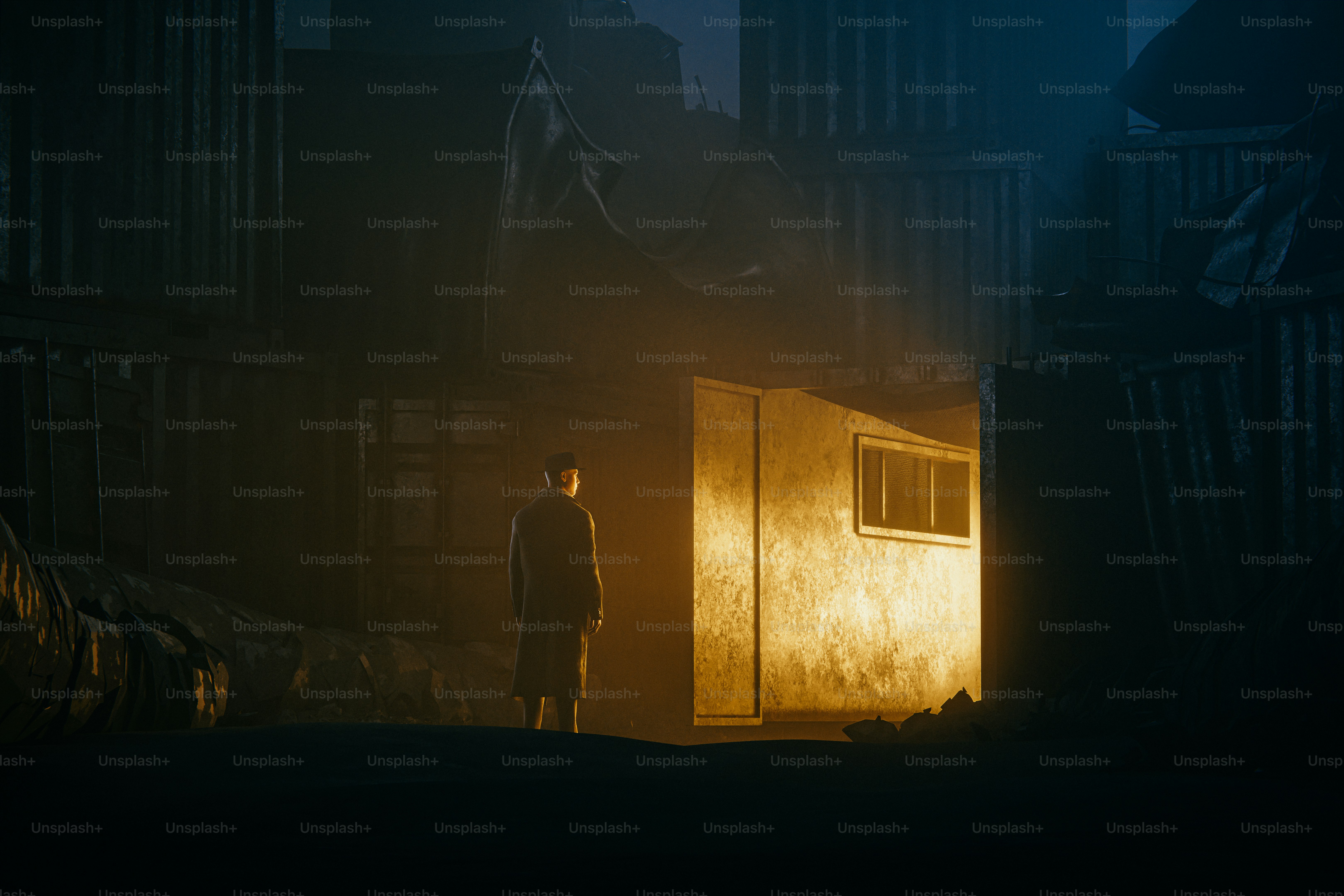 A figure stands in front of a bright building.