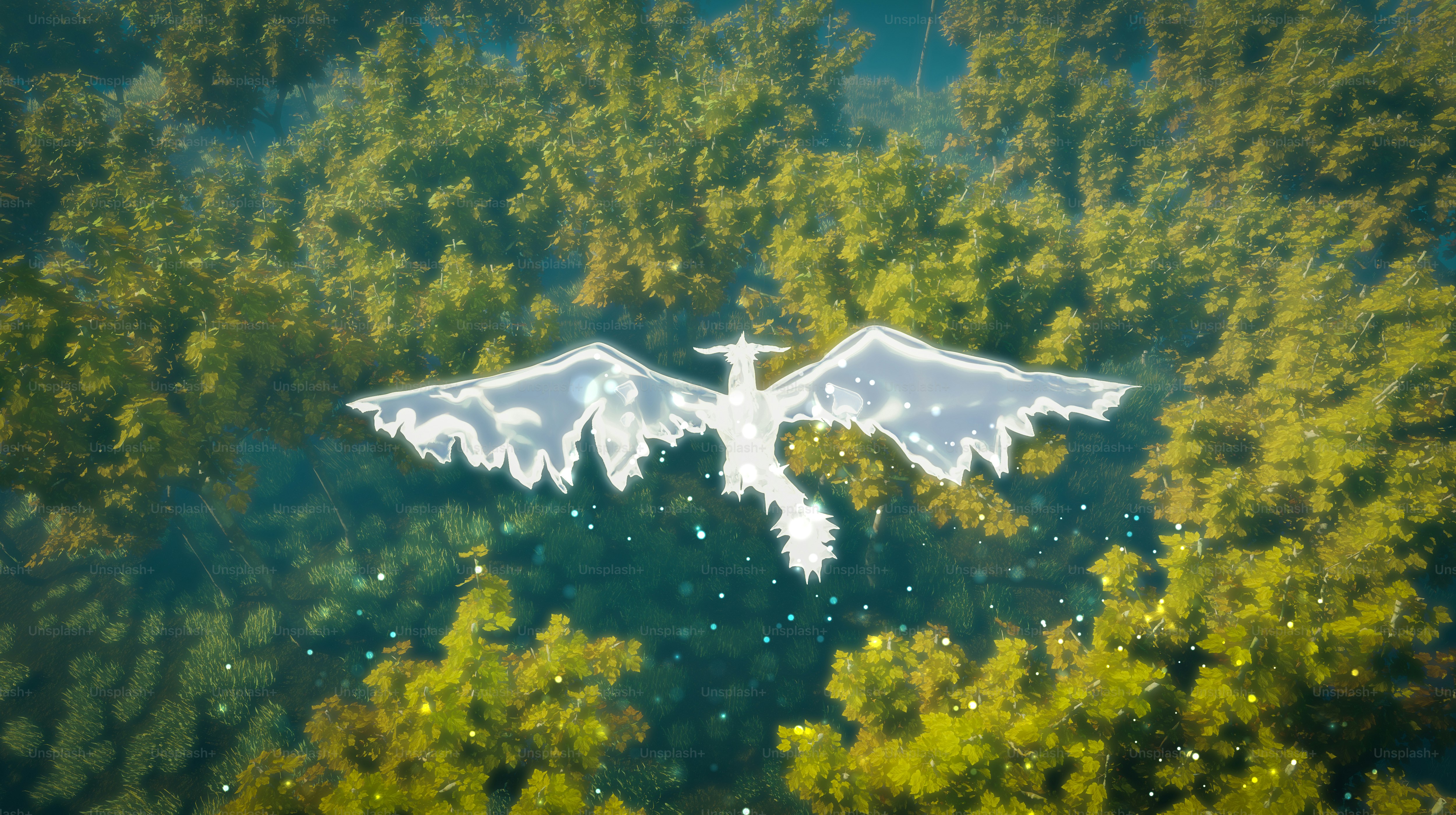 A white dragon soars above a forest.