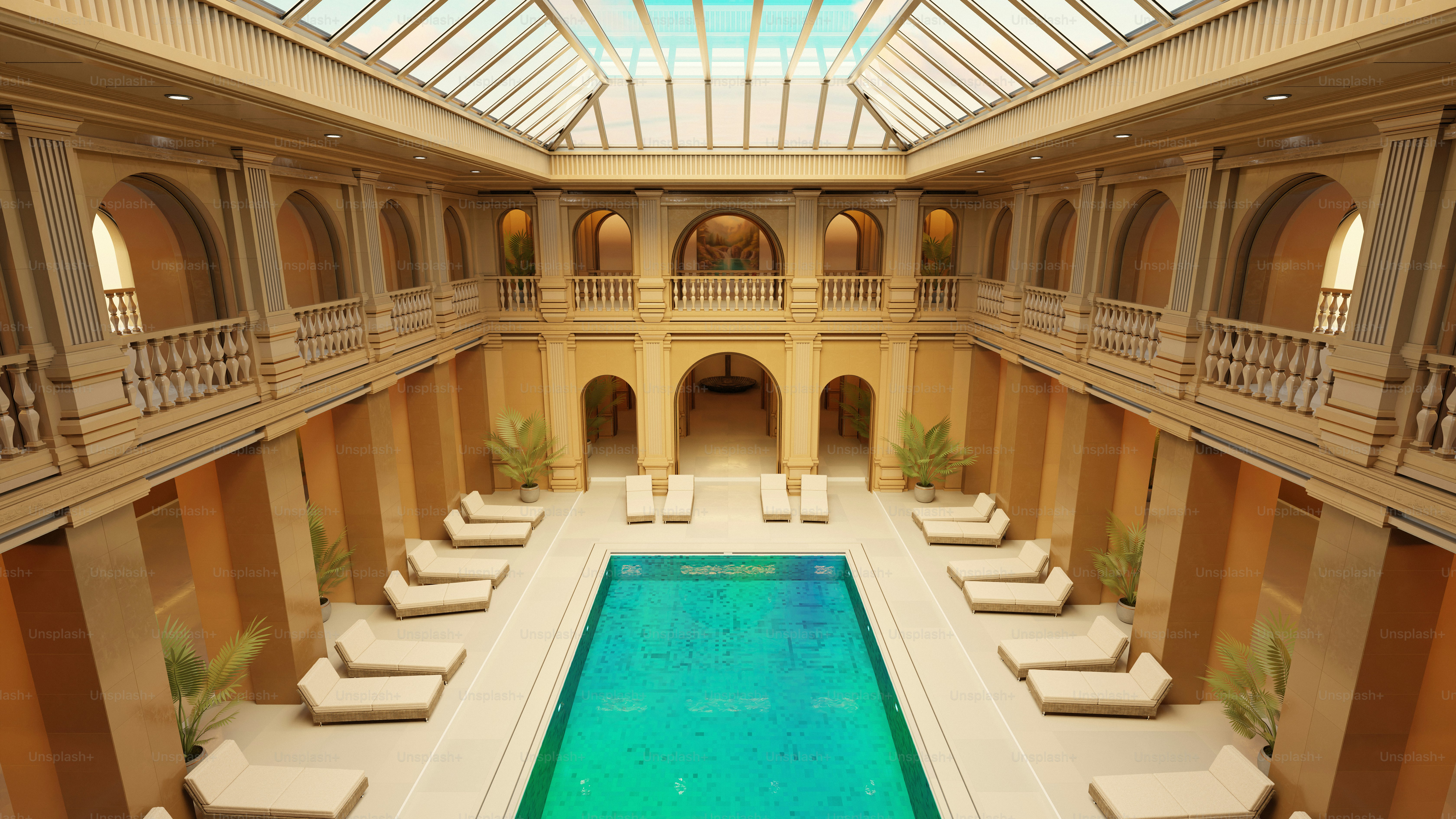 A luxurious pool is located in an elegant building.